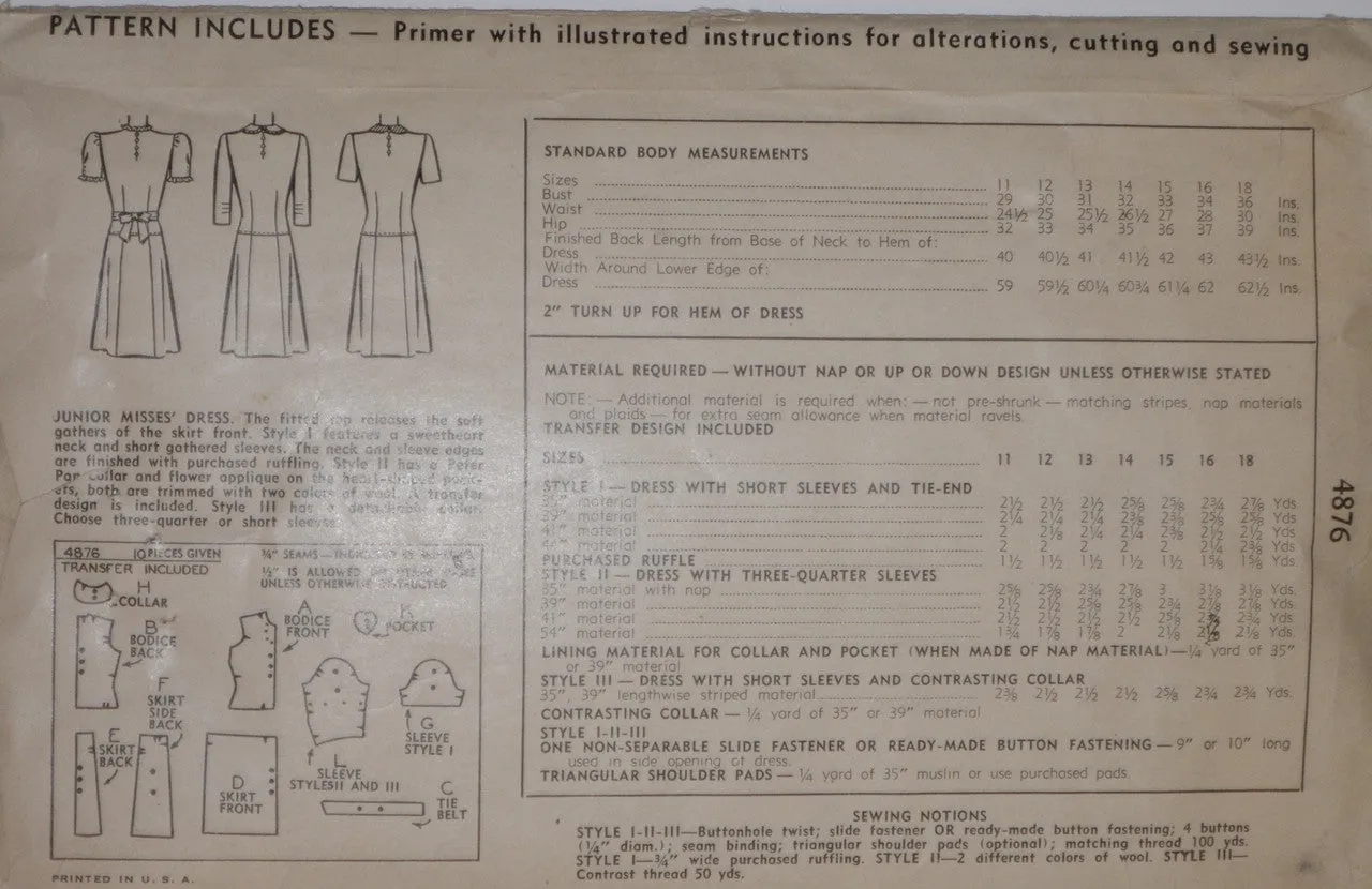 1944 Simplicity 4876 Vintage Dress Pattern WWII 36" Bust