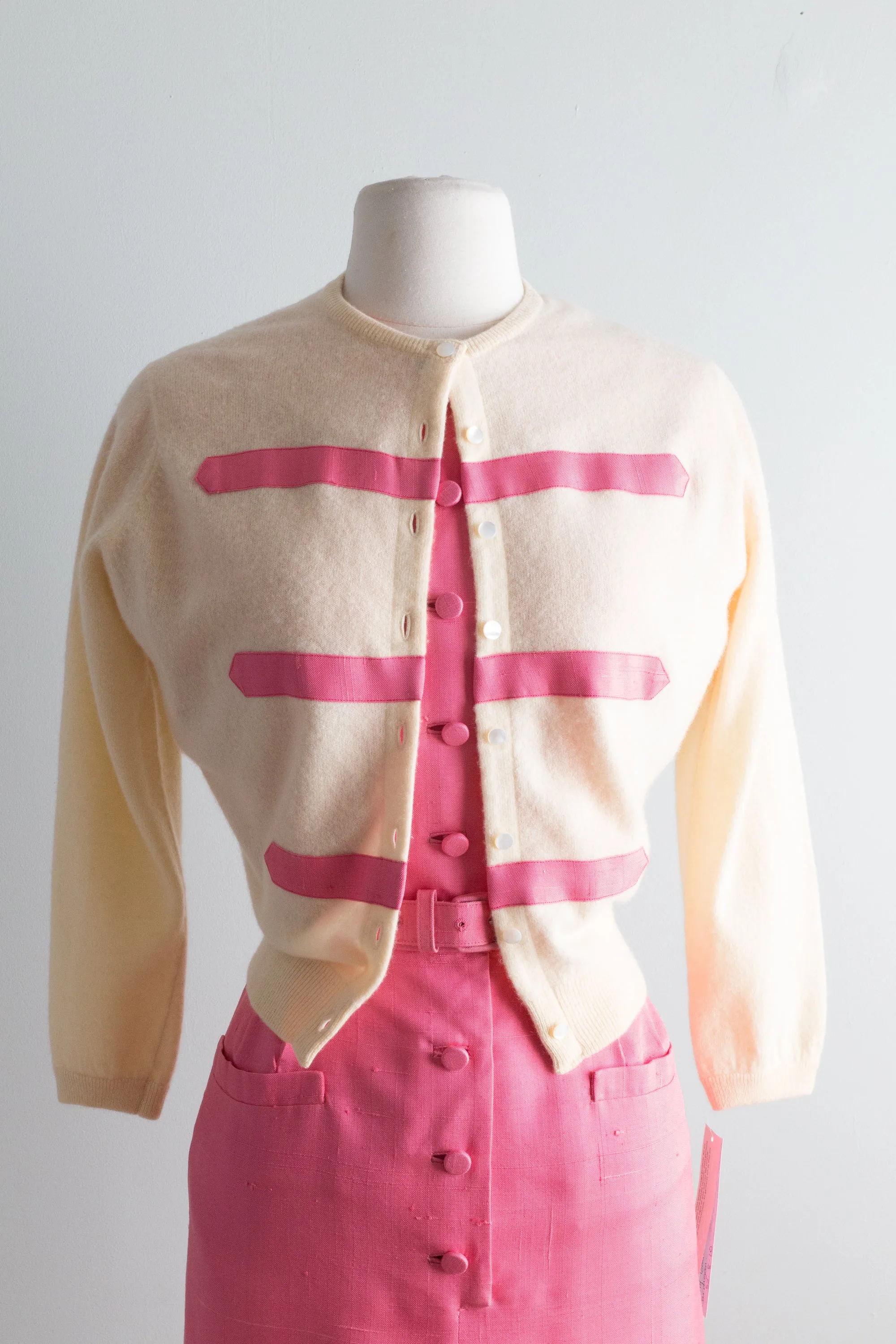 1950's Hot Pink Silk Wiggle Dress and Matching Cashmere Cardigan By David M. Goodstein / Waist 28