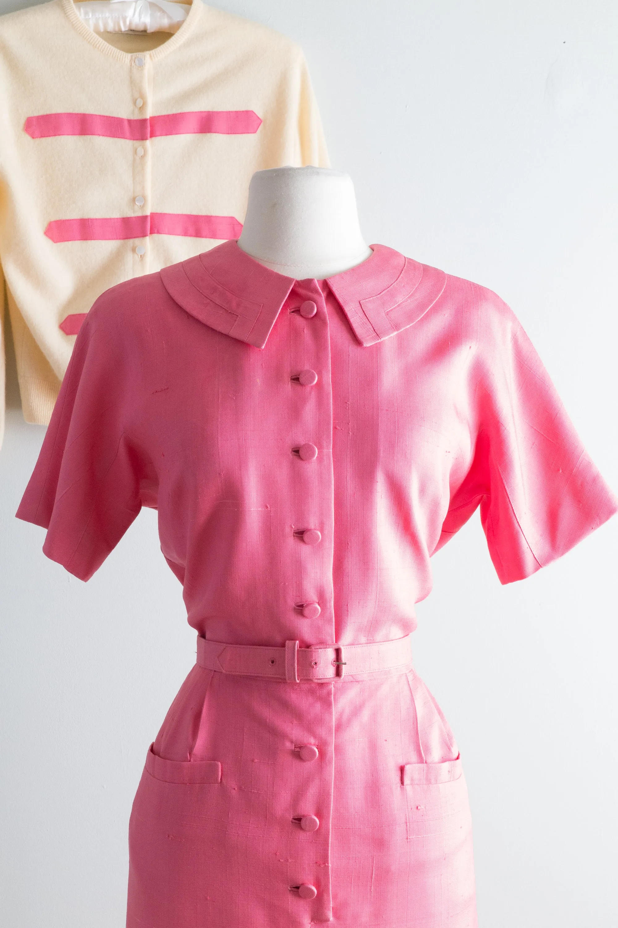 1950's Hot Pink Silk Wiggle Dress and Matching Cashmere Cardigan By David M. Goodstein / Waist 28