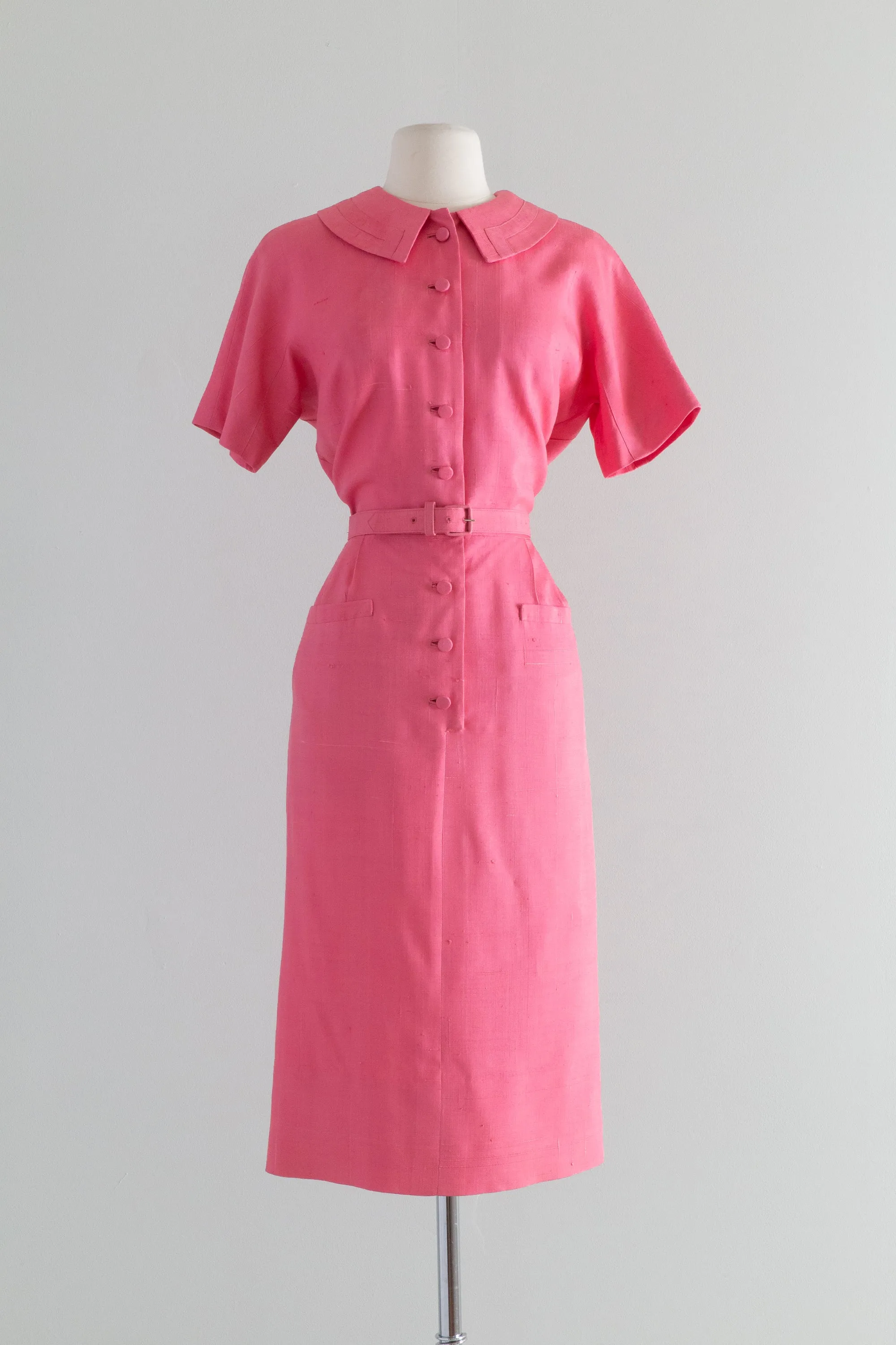 1950's Hot Pink Silk Wiggle Dress and Matching Cashmere Cardigan By David M. Goodstein / Waist 28