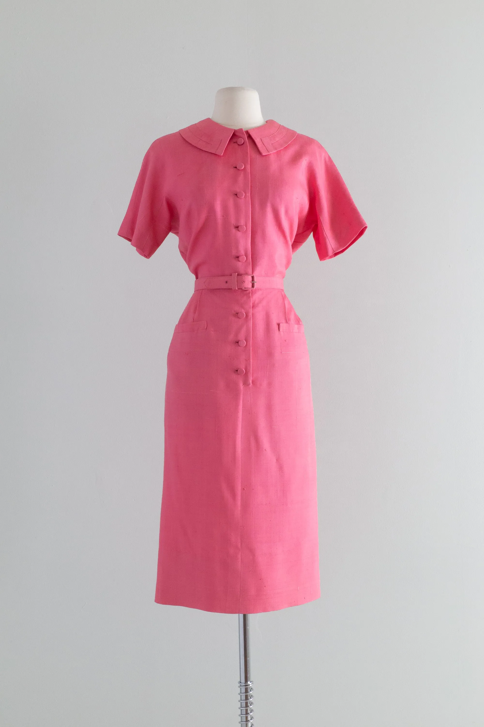 1950's Hot Pink Silk Wiggle Dress and Matching Cashmere Cardigan By David M. Goodstein / Waist 28