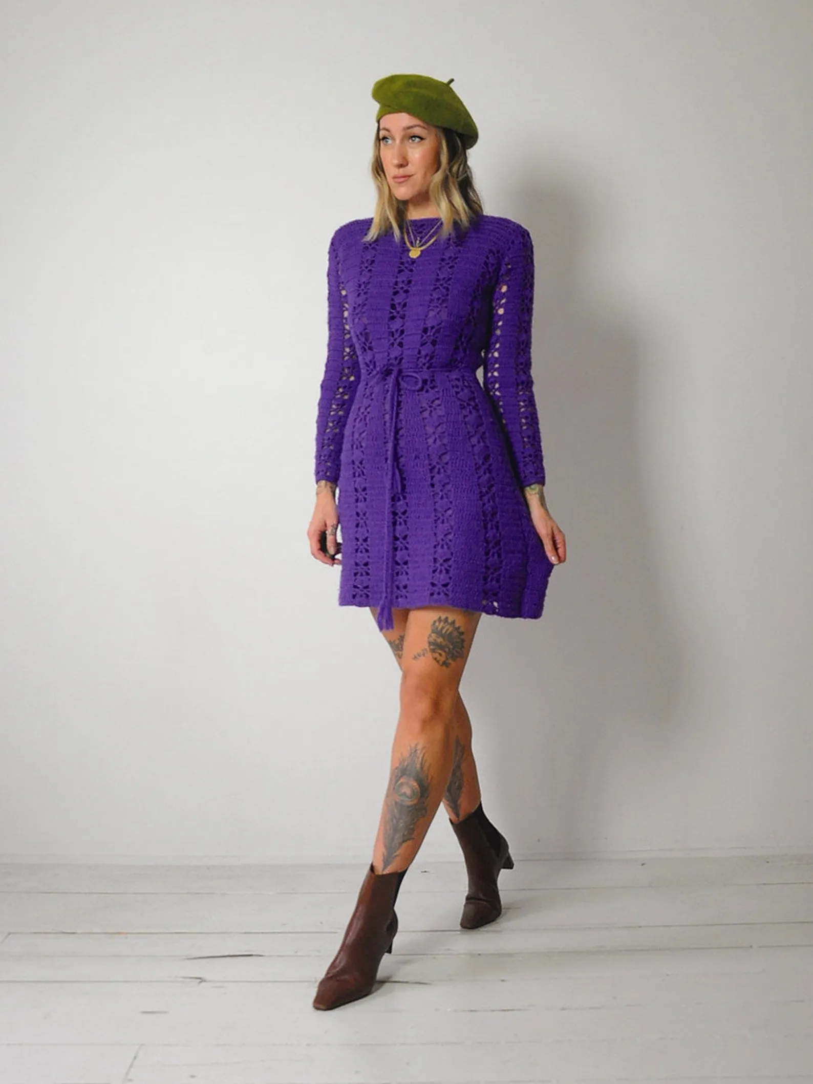 1960's Violet Wool Crochet Dress