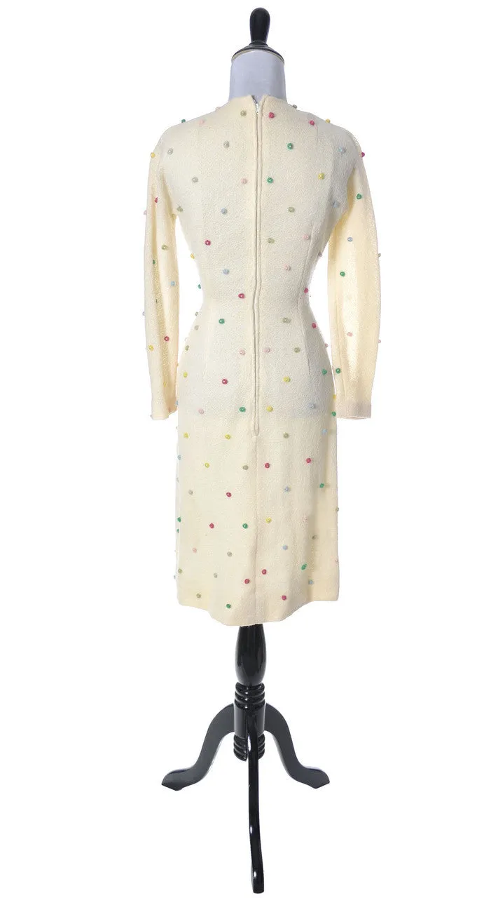 1960's Winter White Anne Fogarty Vintage Dress w Pom Poms