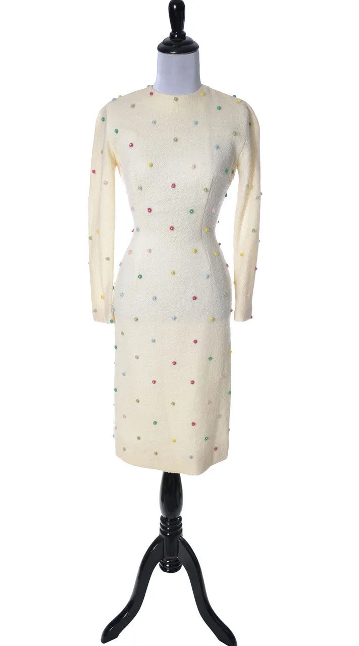 1960's Winter White Anne Fogarty Vintage Dress w Pom Poms