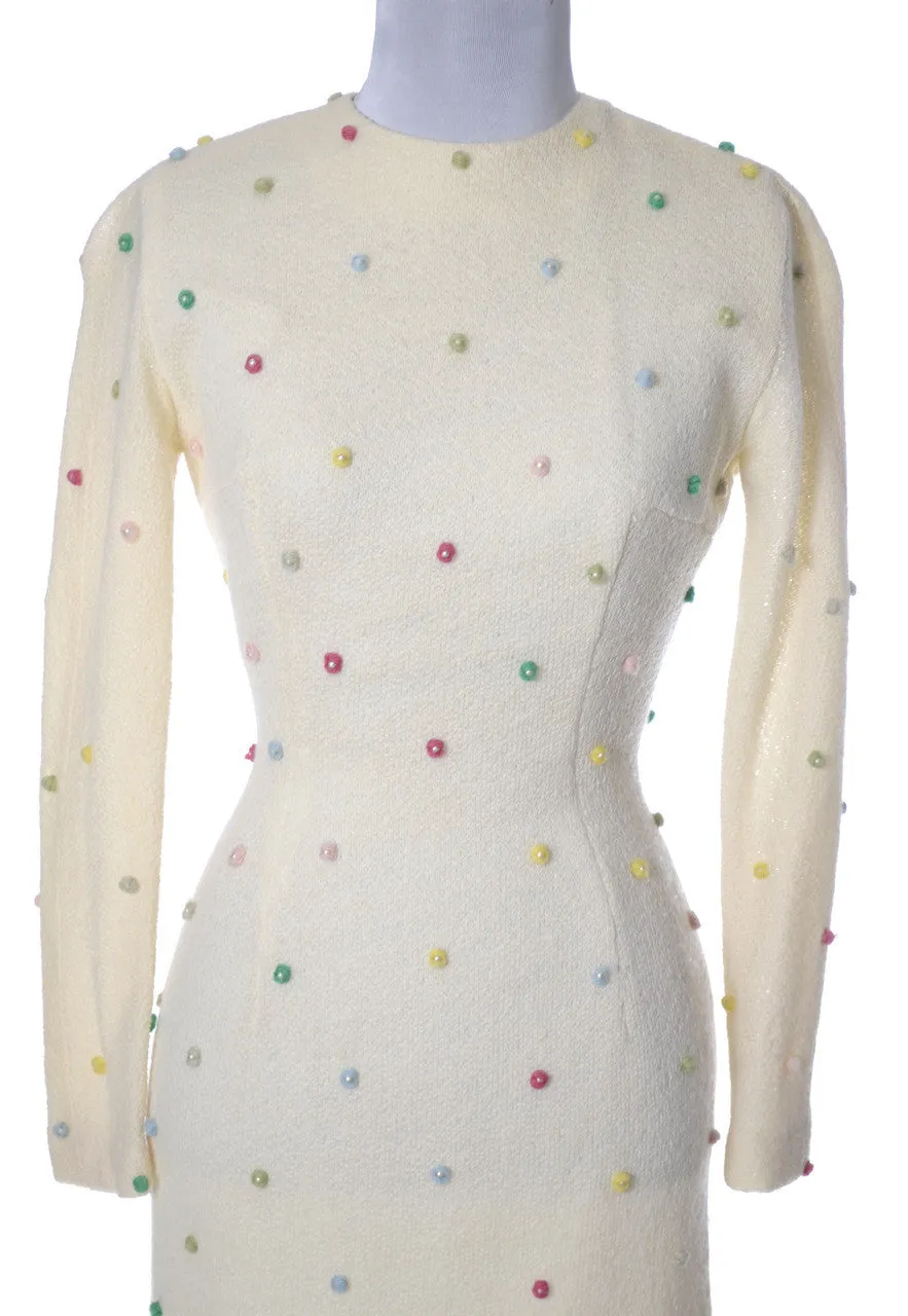 1960's Winter White Anne Fogarty Vintage Dress w Pom Poms