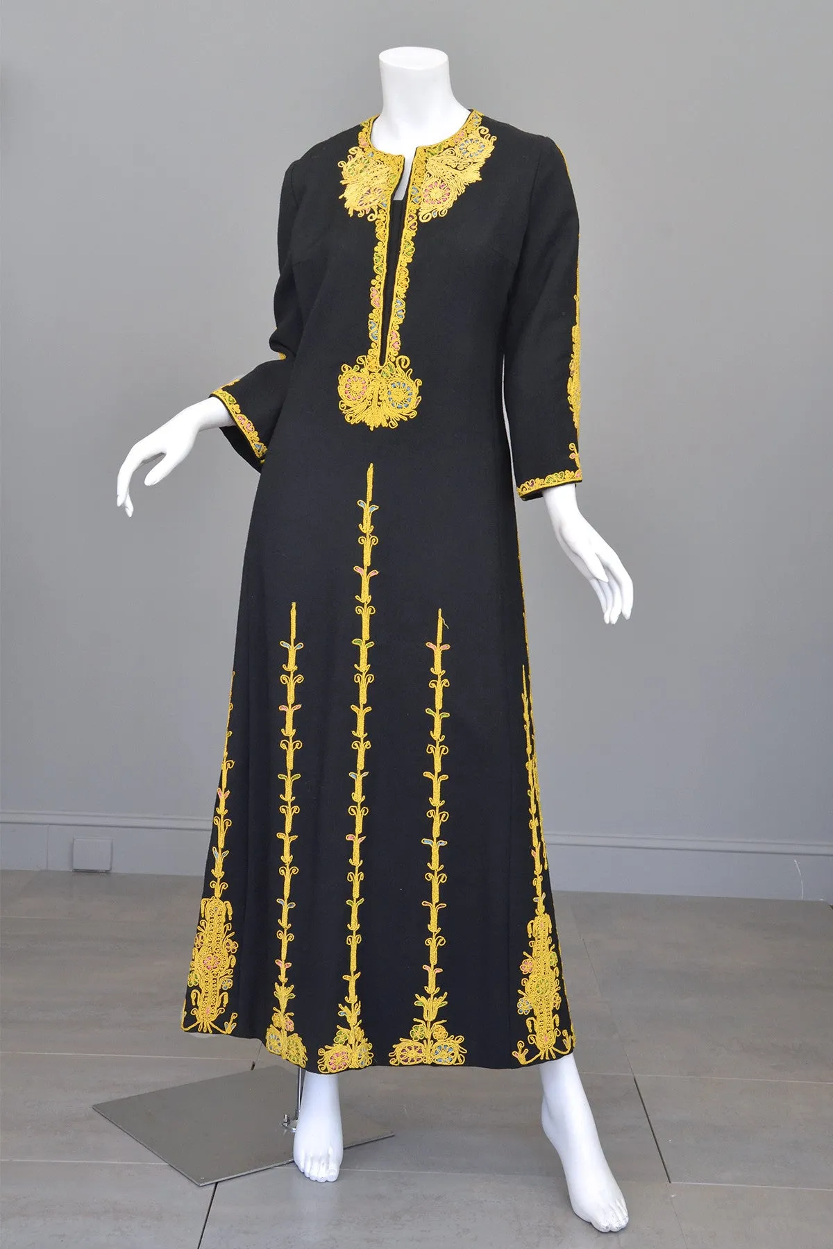 1970s Black Wool Gold Embroidered A-Line Caftan Maxi Dress