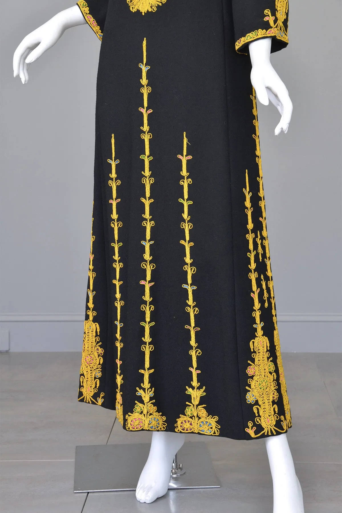 1970s Black Wool Gold Embroidered A-Line Caftan Maxi Dress