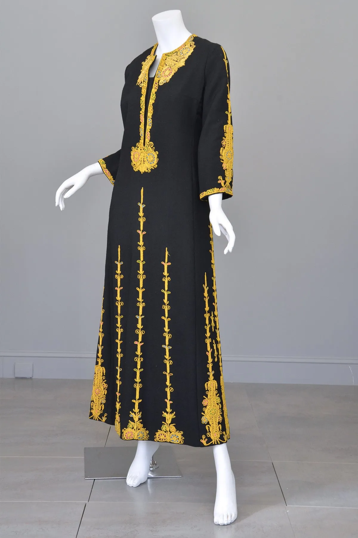 1970s Black Wool Gold Embroidered A-Line Caftan Maxi Dress