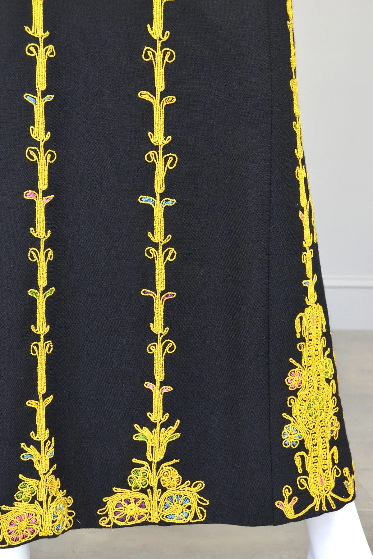 1970s Black Wool Gold Embroidered A-Line Caftan Maxi Dress