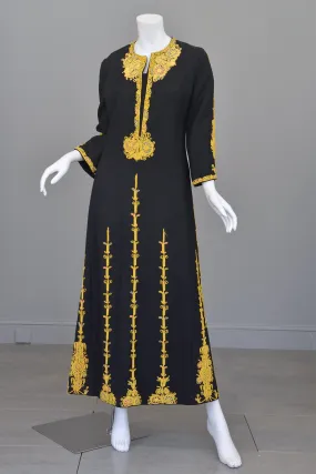 1970s Black Wool Gold Embroidered A-Line Caftan Maxi Dress