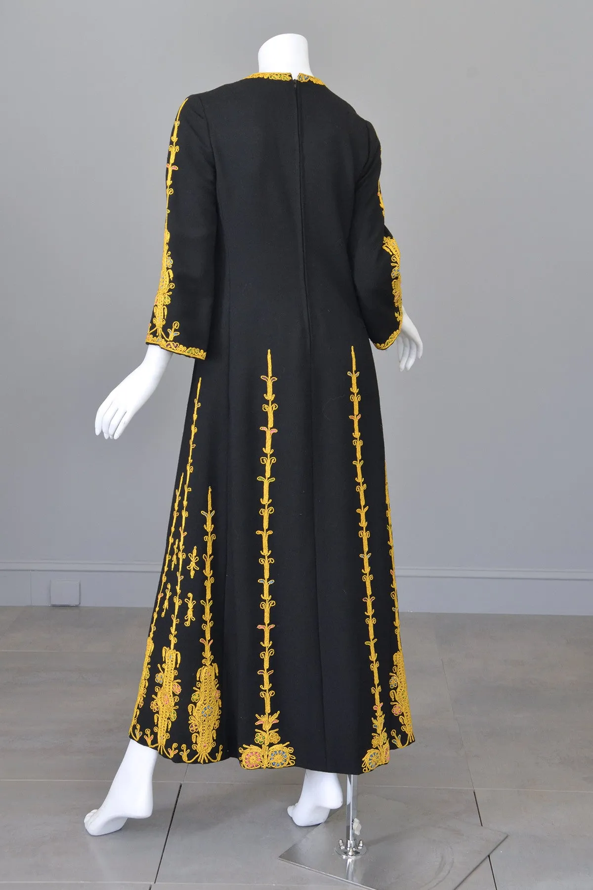 1970s Black Wool Gold Embroidered A-Line Caftan Maxi Dress