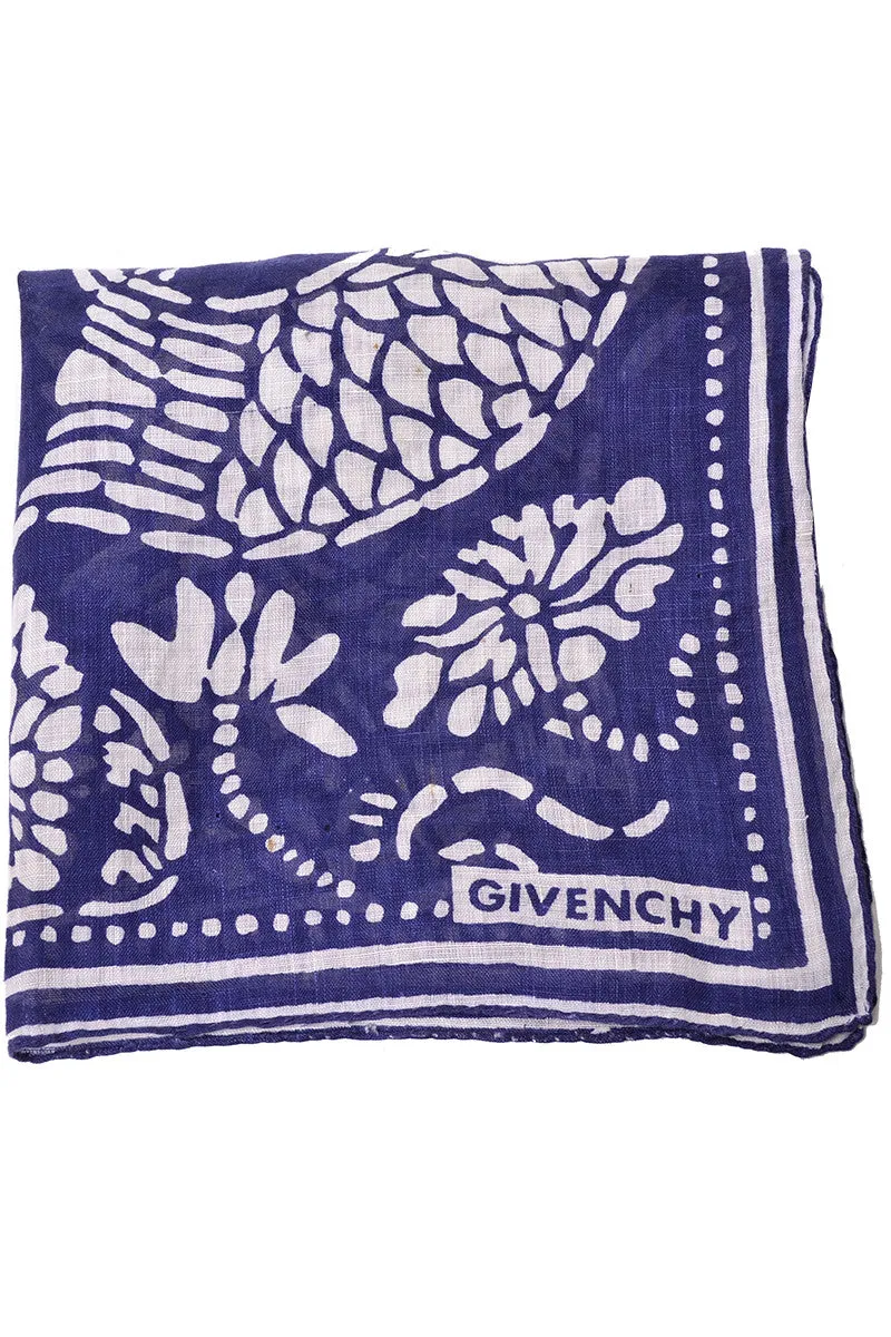 1970s Givenchy Koi Fish Blue Batik Cotton Vintage Scarf or Handkerchief