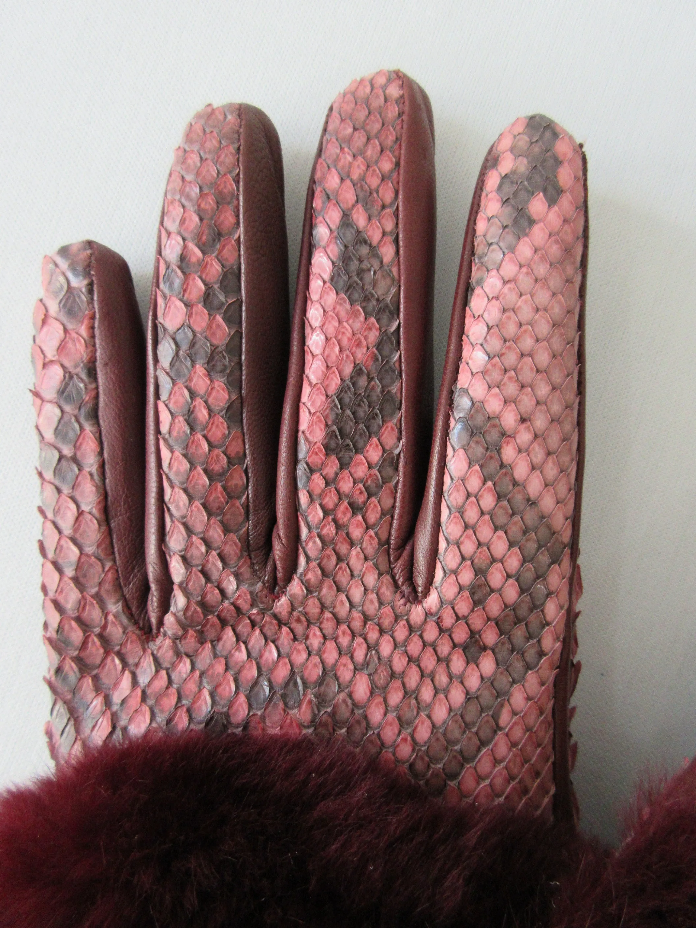 20G05 -Gala Gloves Couture Bordeaux Snake Skin Gloves with Fur Trim