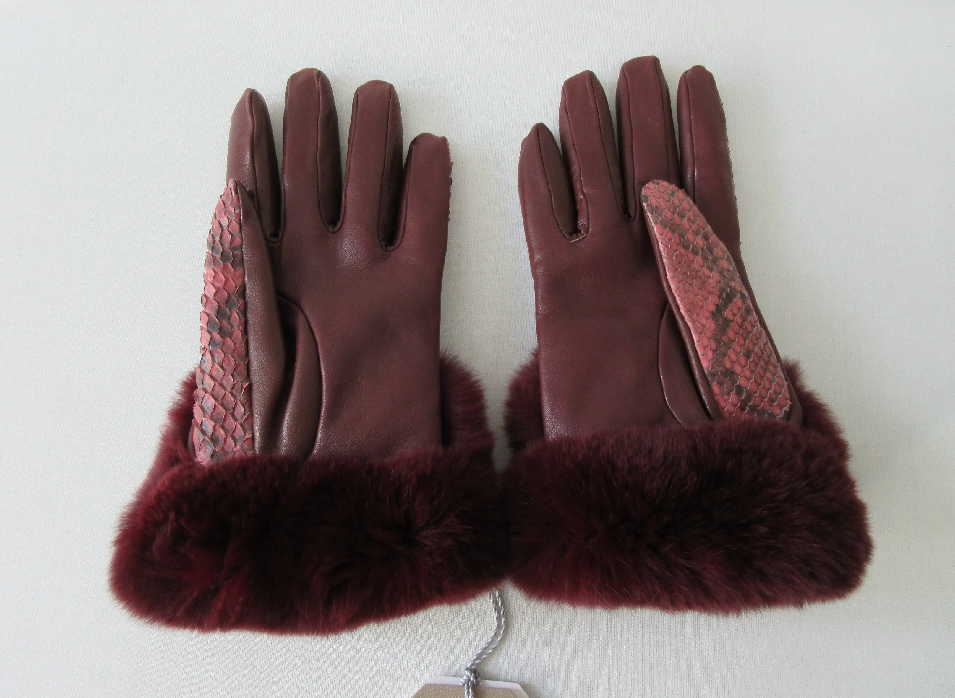 20G05 -Gala Gloves Couture Bordeaux Snake Skin Gloves with Fur Trim