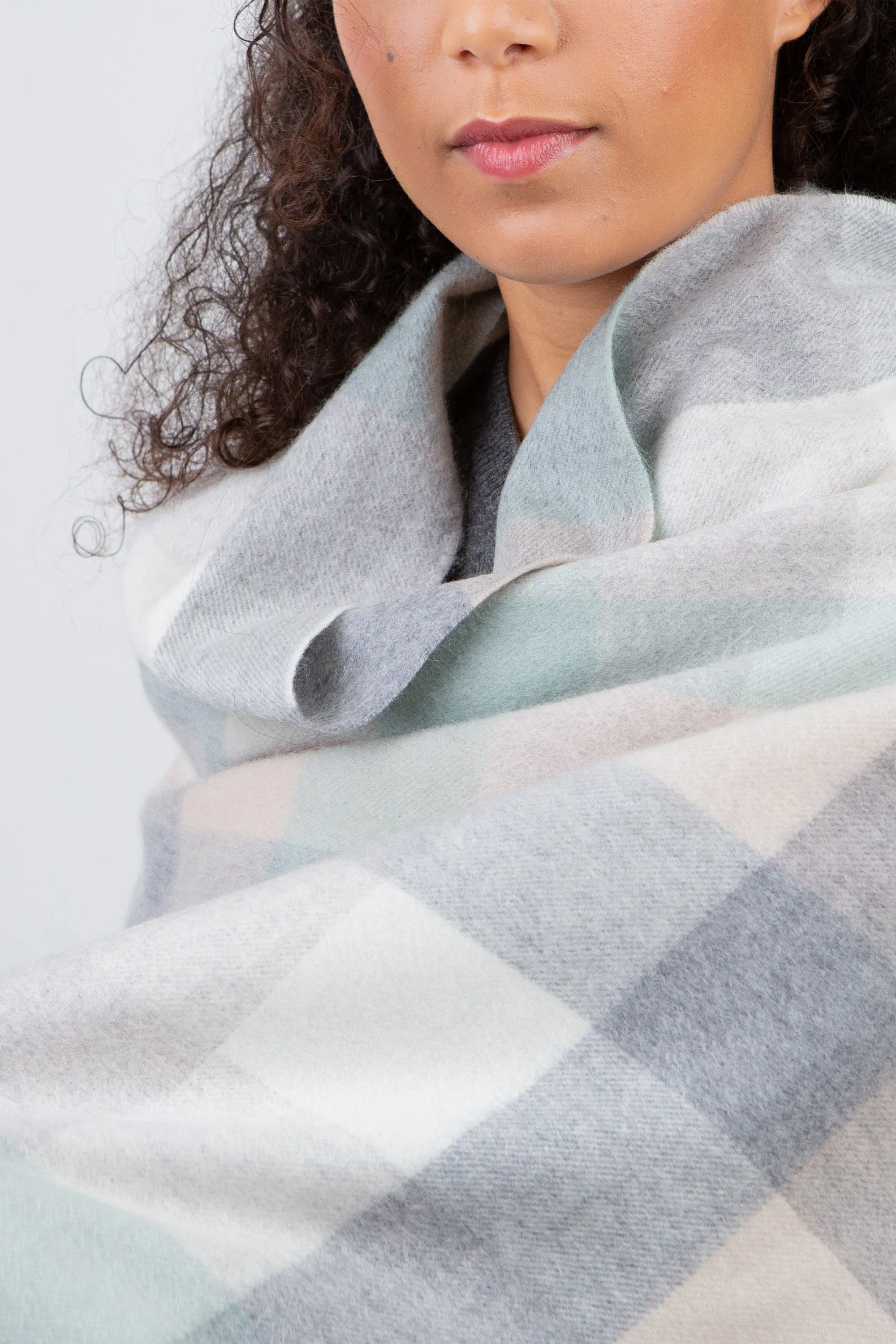 5 Square Check Cashmere Stole - Brume