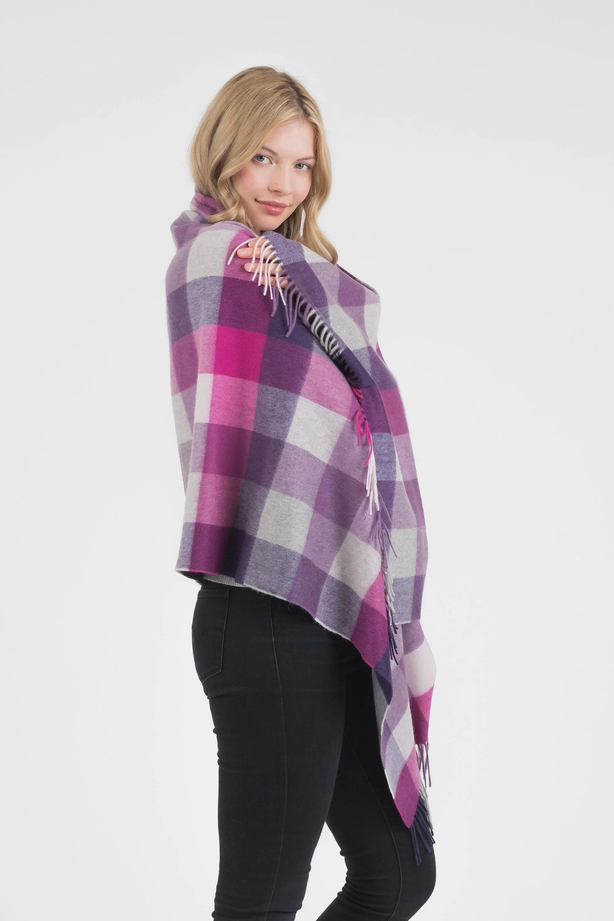 5 Square Check Cashmere Stole - Purple