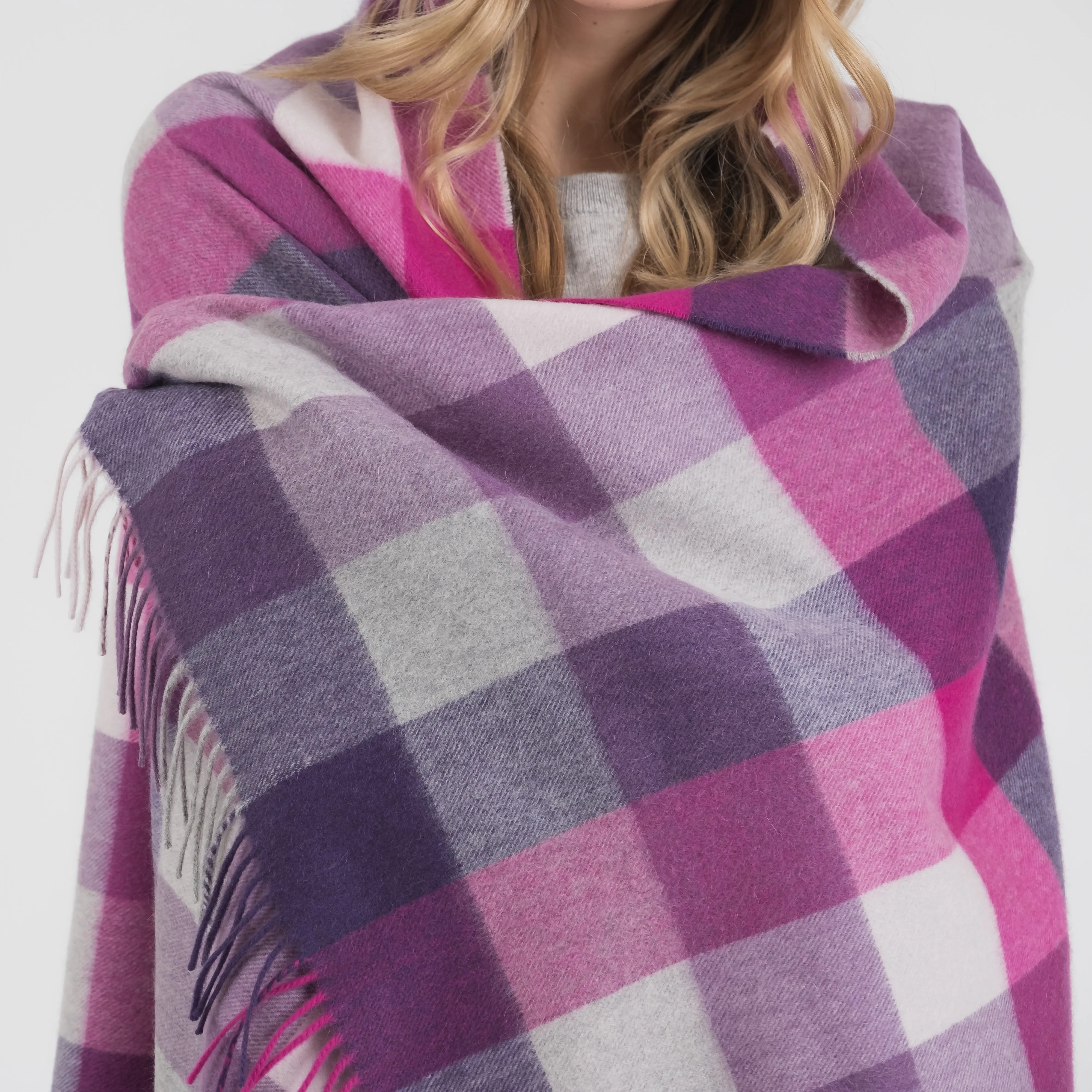 5 Square Check Cashmere Stole - Purple