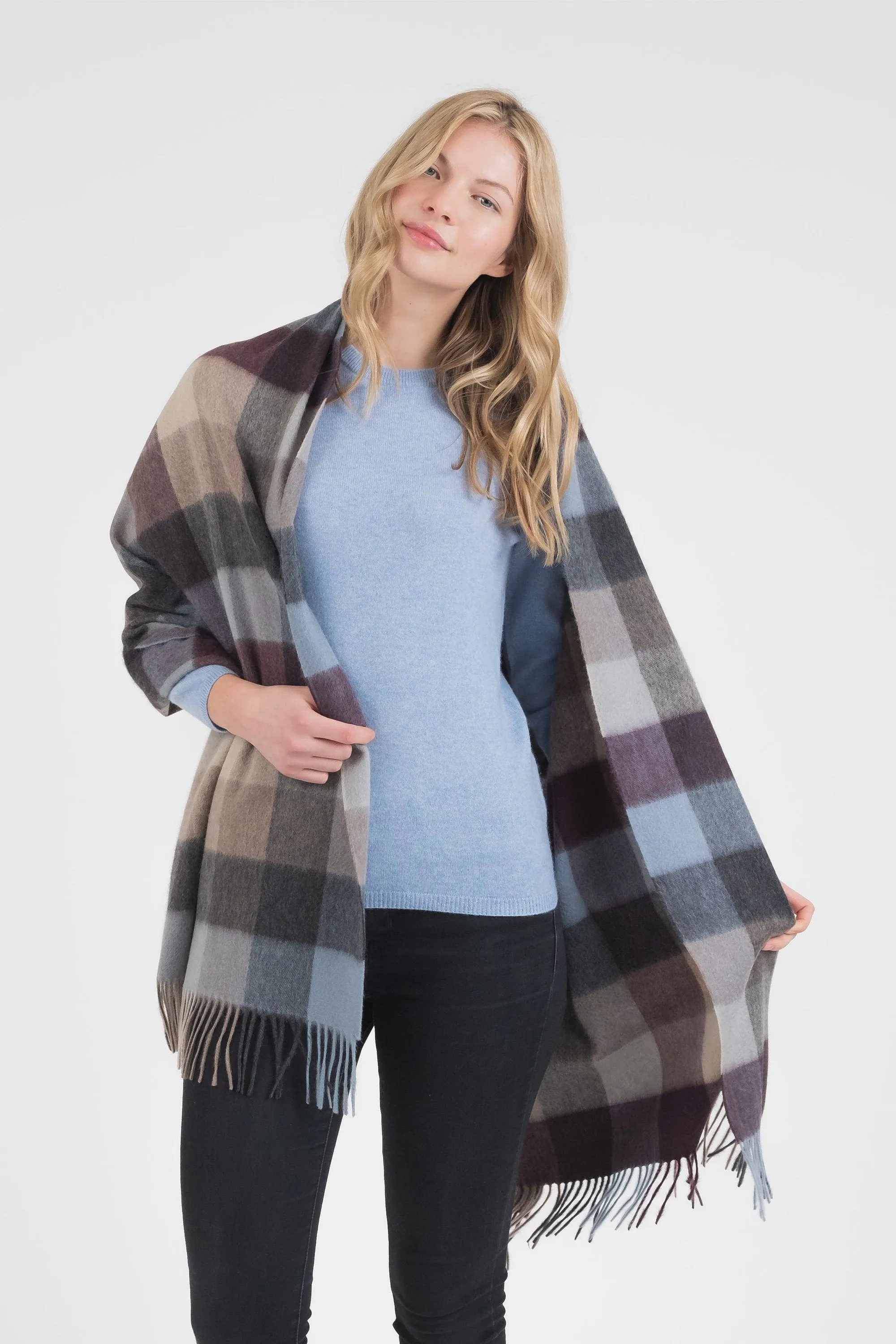 5 Square Check Cashmere Stole - Teal