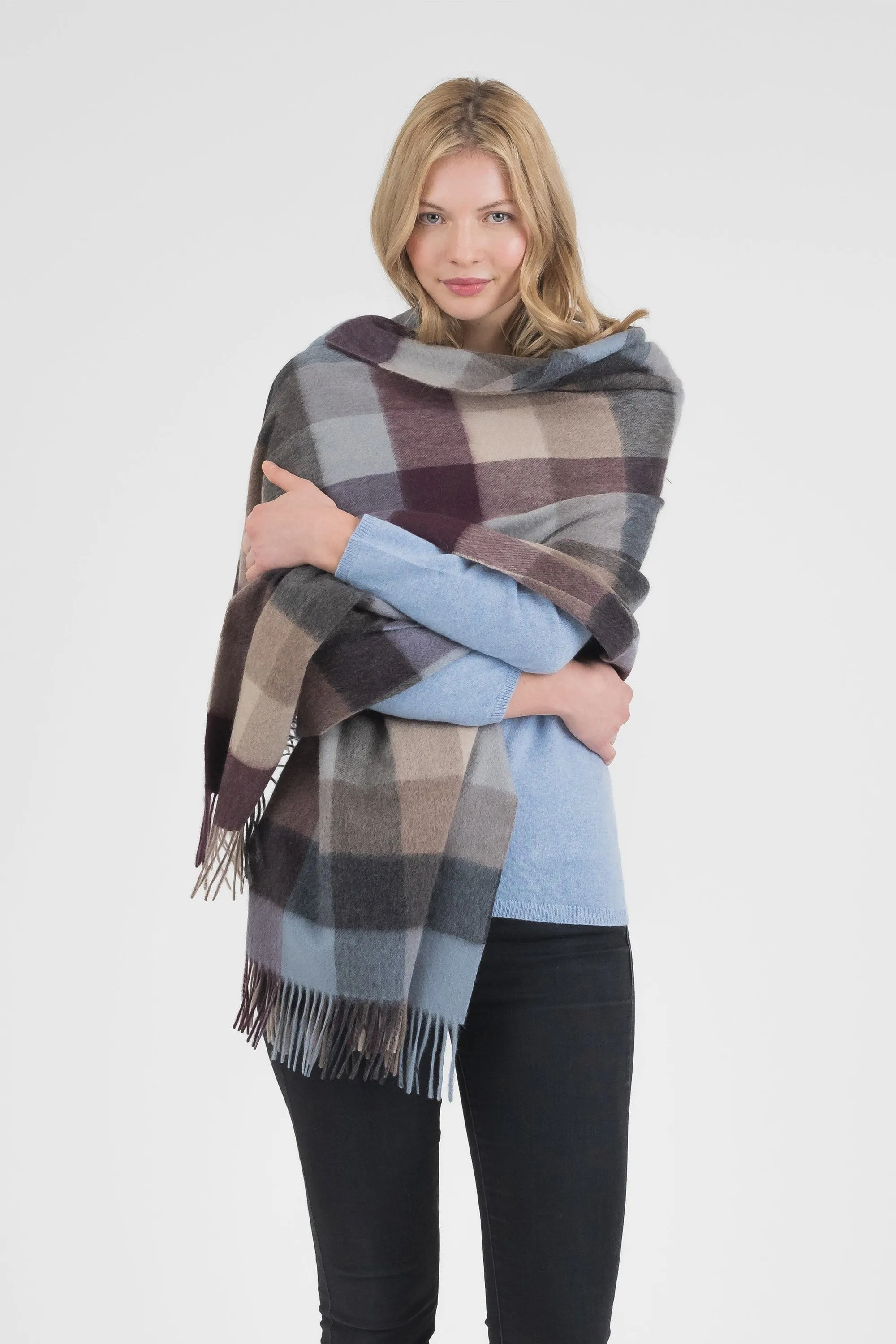 5 Square Check Cashmere Stole - Teal