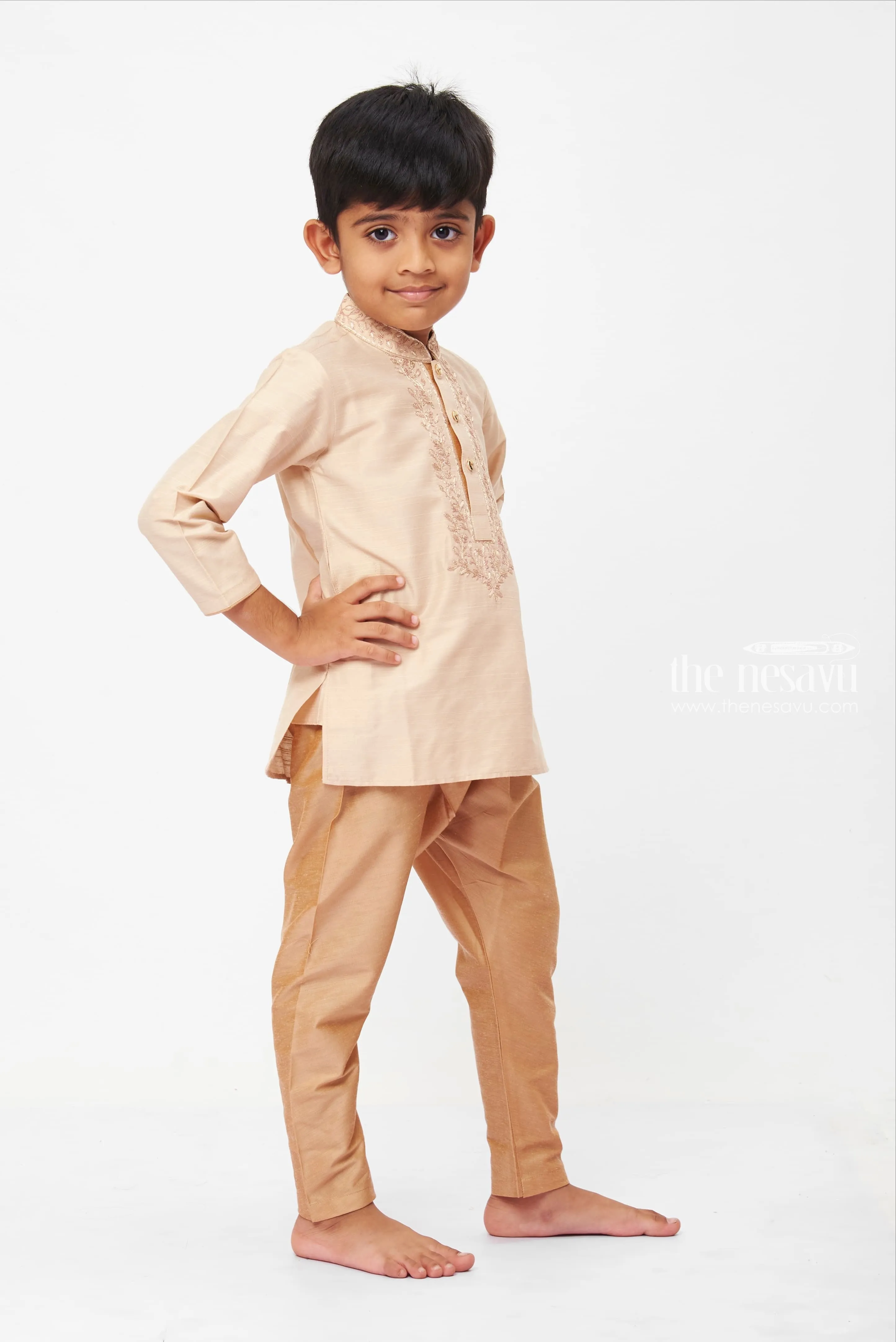 AXQ. Boys Traditional Beige Embroidered Kurta with Velvet Pants Set - Perfect for Formal Occasions