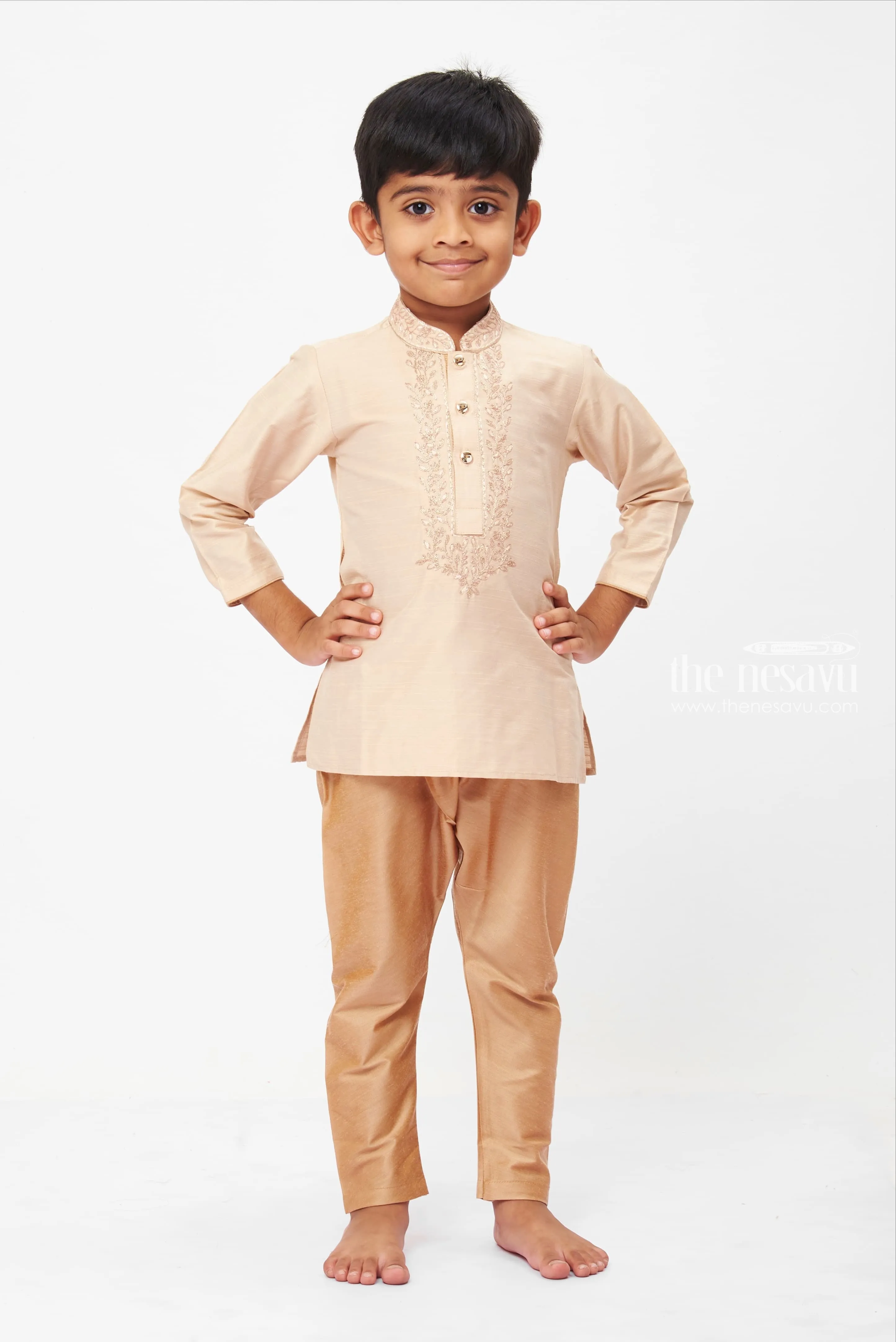 AXQ. Boys Traditional Beige Embroidered Kurta with Velvet Pants Set - Perfect for Formal Occasions