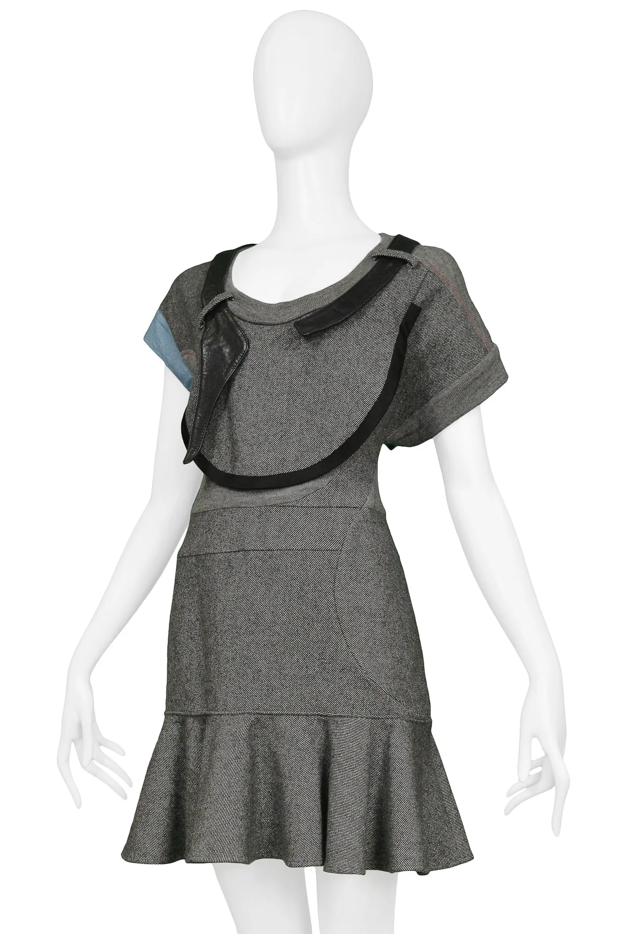 BALENCIAGA GREY WOOL & BLACK LEATHER CUBIST DRESS 2002