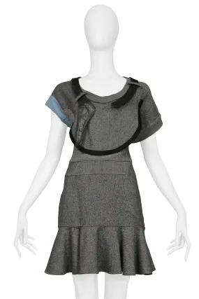 BALENCIAGA GREY WOOL & BLACK LEATHER CUBIST DRESS 2002