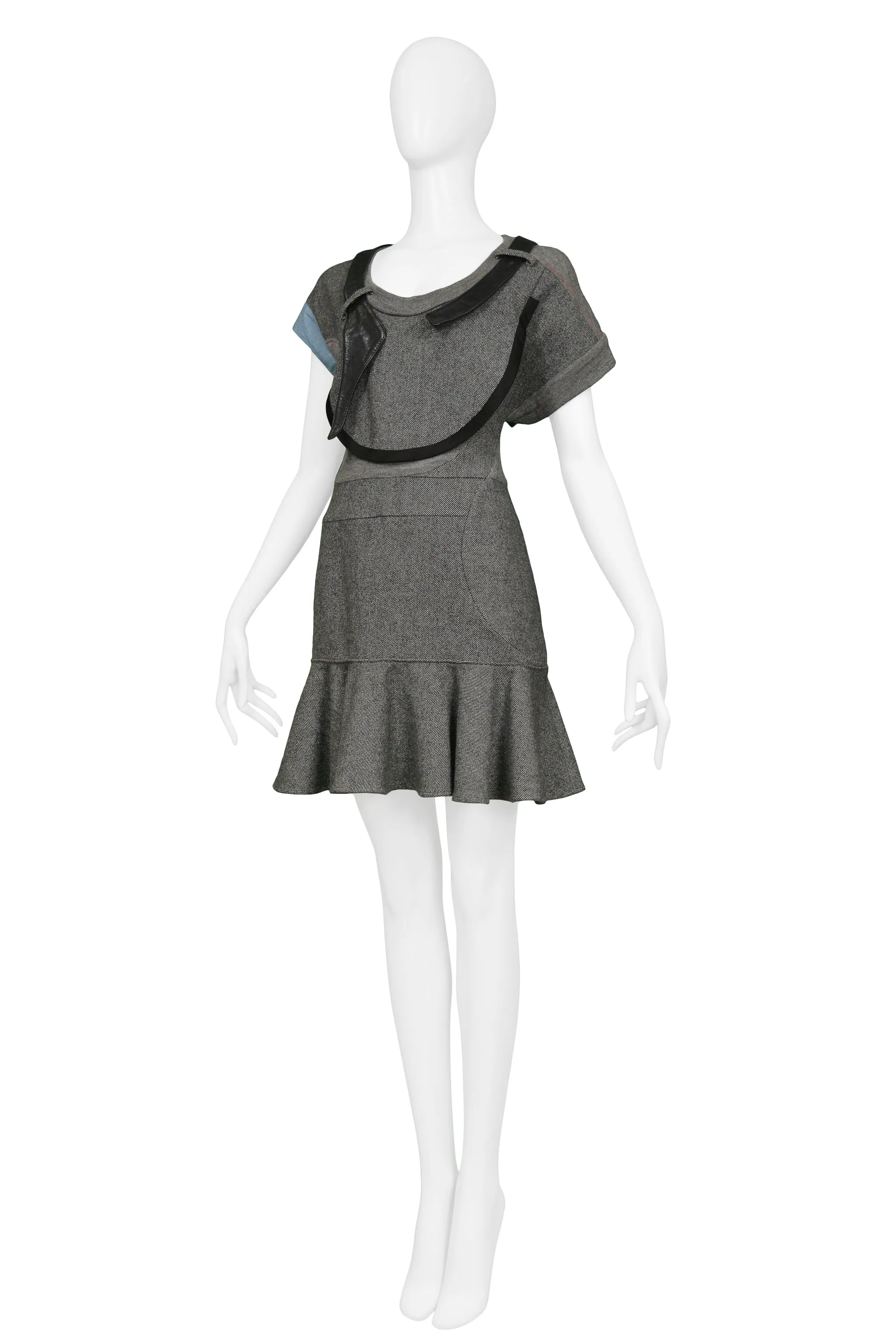 BALENCIAGA GREY WOOL & BLACK LEATHER CUBIST DRESS 2002