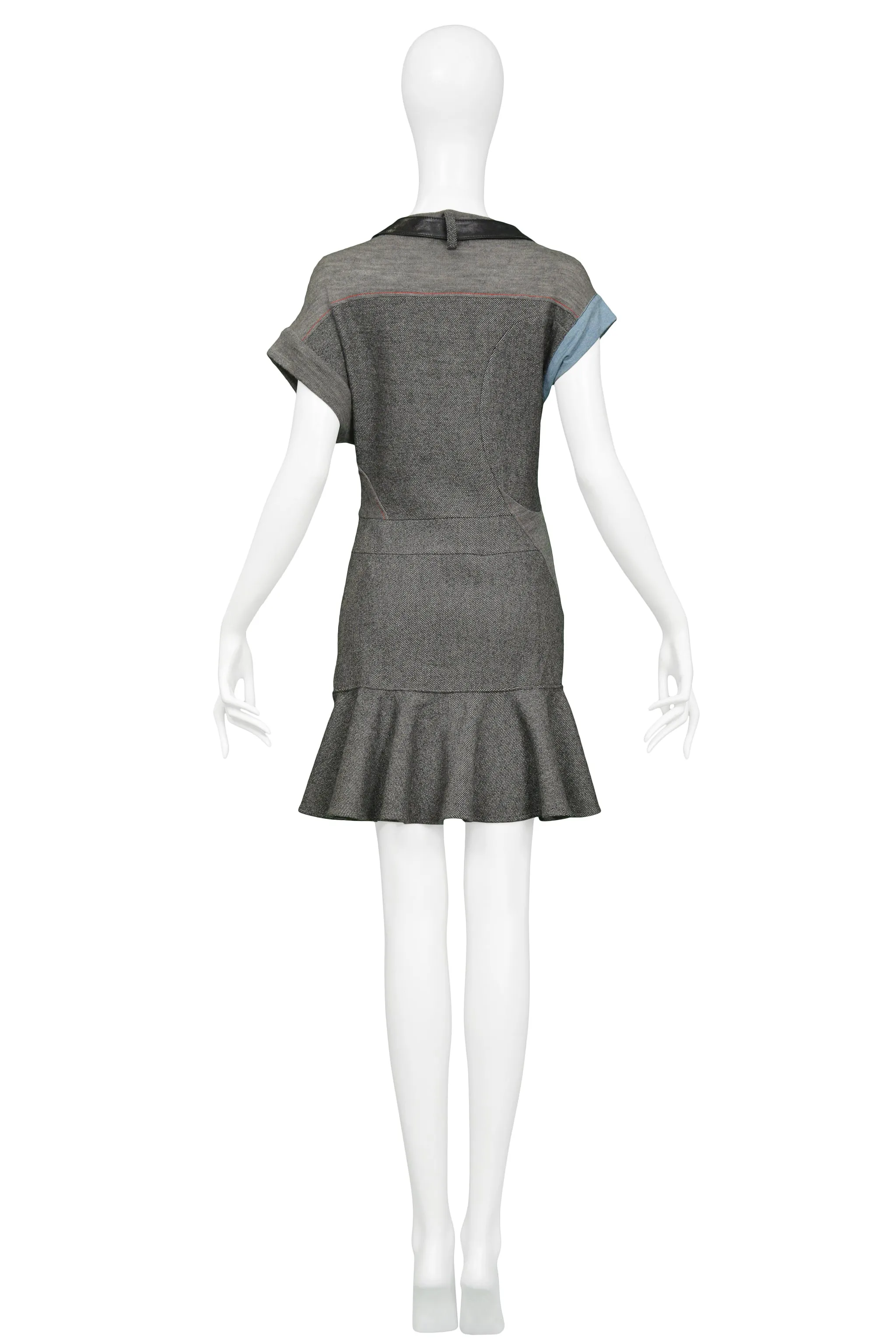 BALENCIAGA GREY WOOL & BLACK LEATHER CUBIST DRESS 2002