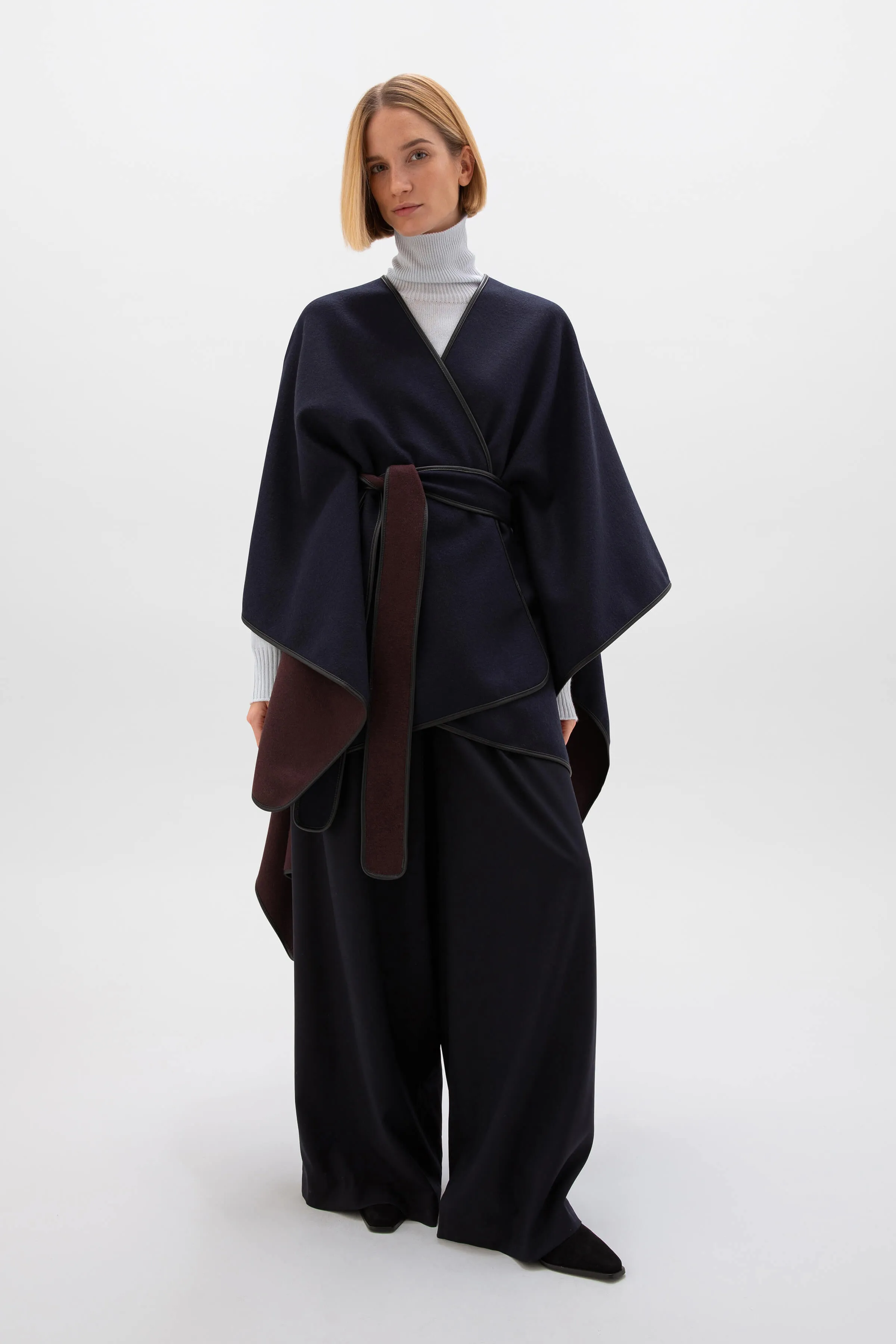 Belted Cashmere Cape with Leather Binding