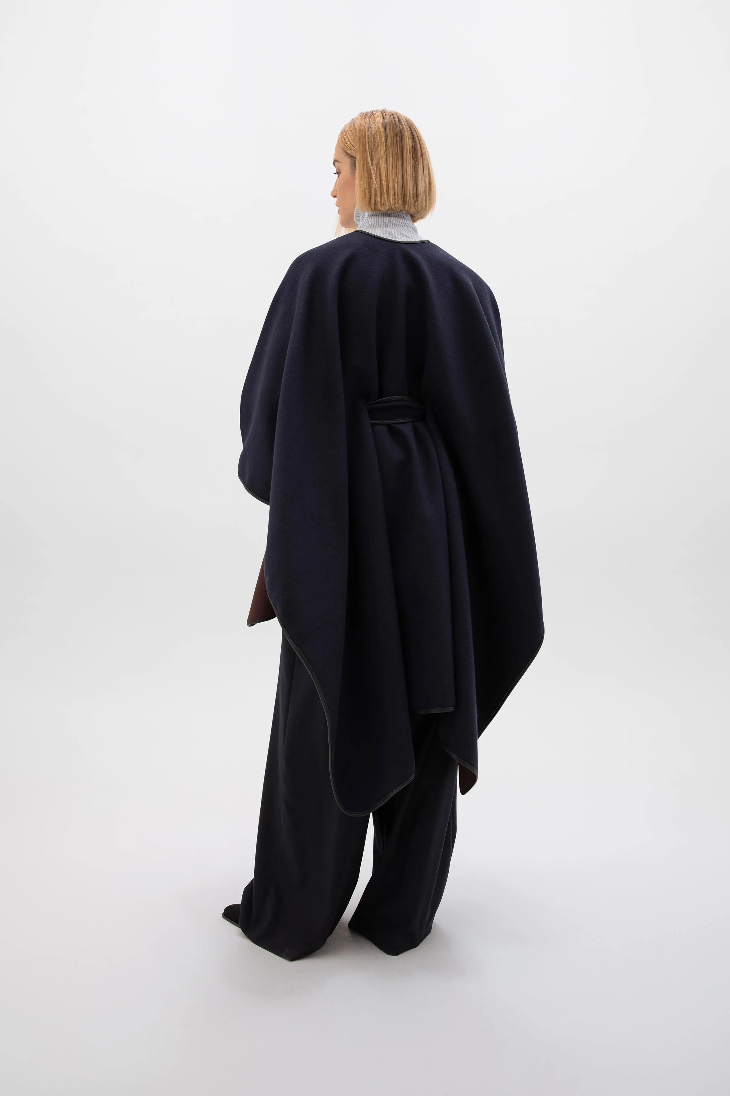 Belted Cashmere Cape with Leather Binding