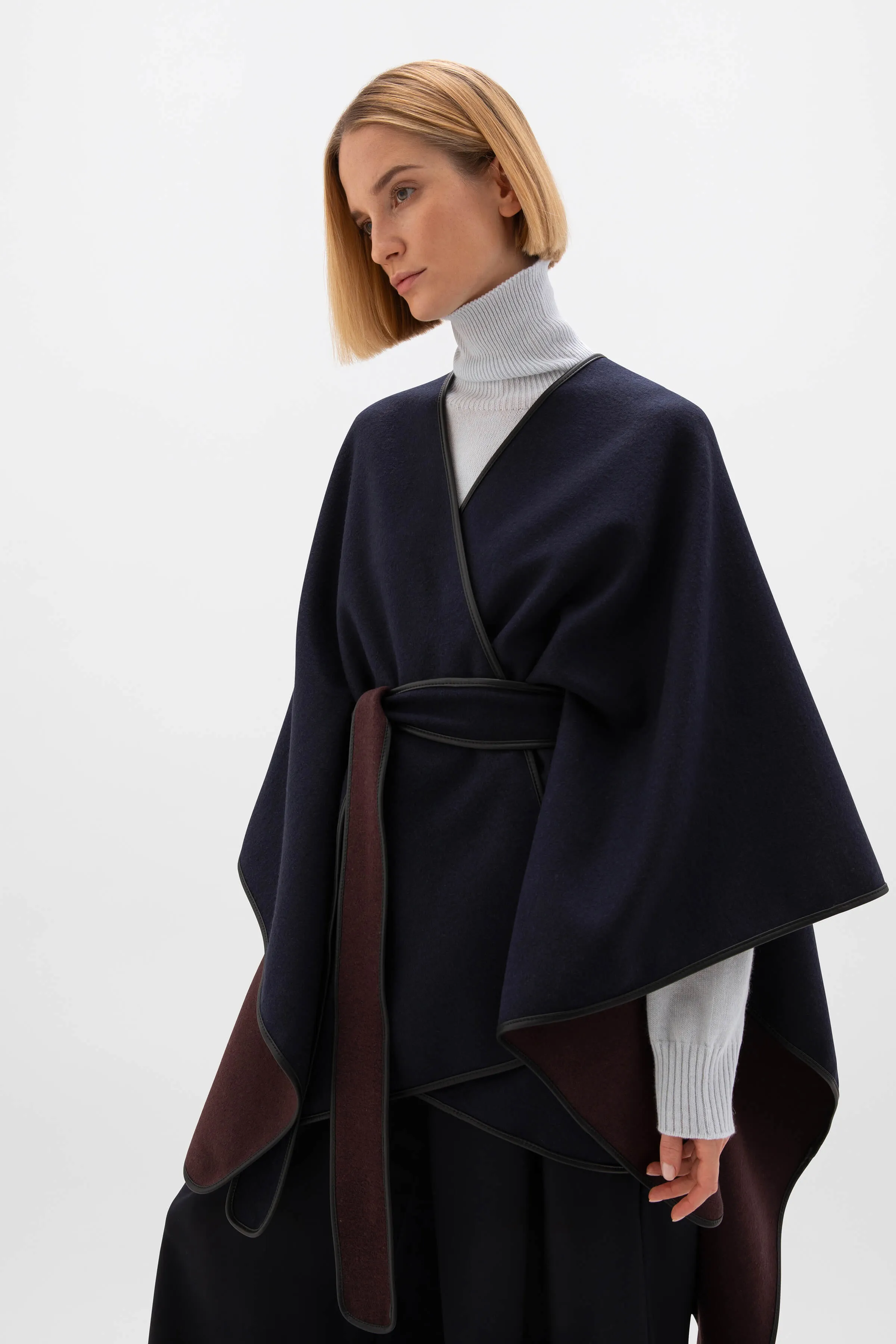 Belted Cashmere Cape with Leather Binding