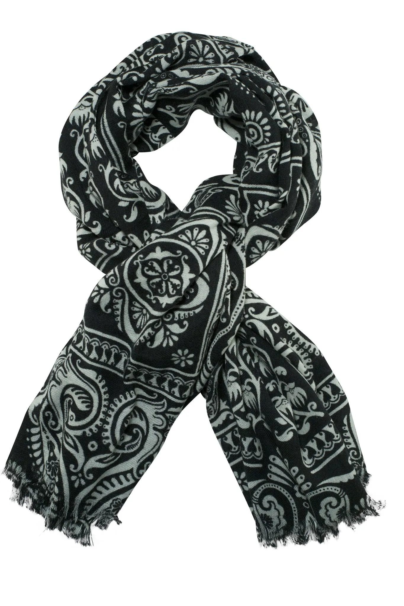 Black and white shawl / scarf with fine ornamental print