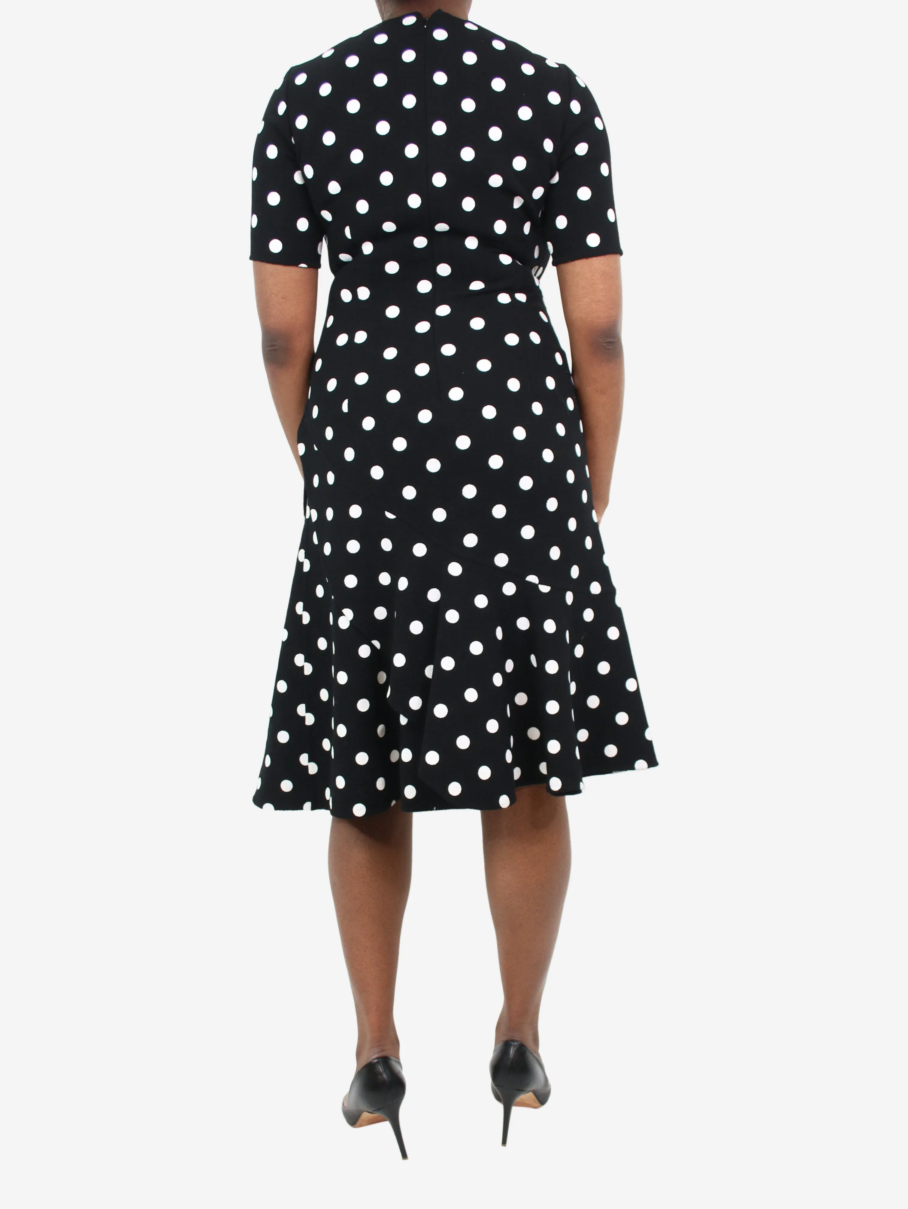 Black short-sleeved polka dot dress - size UK 12