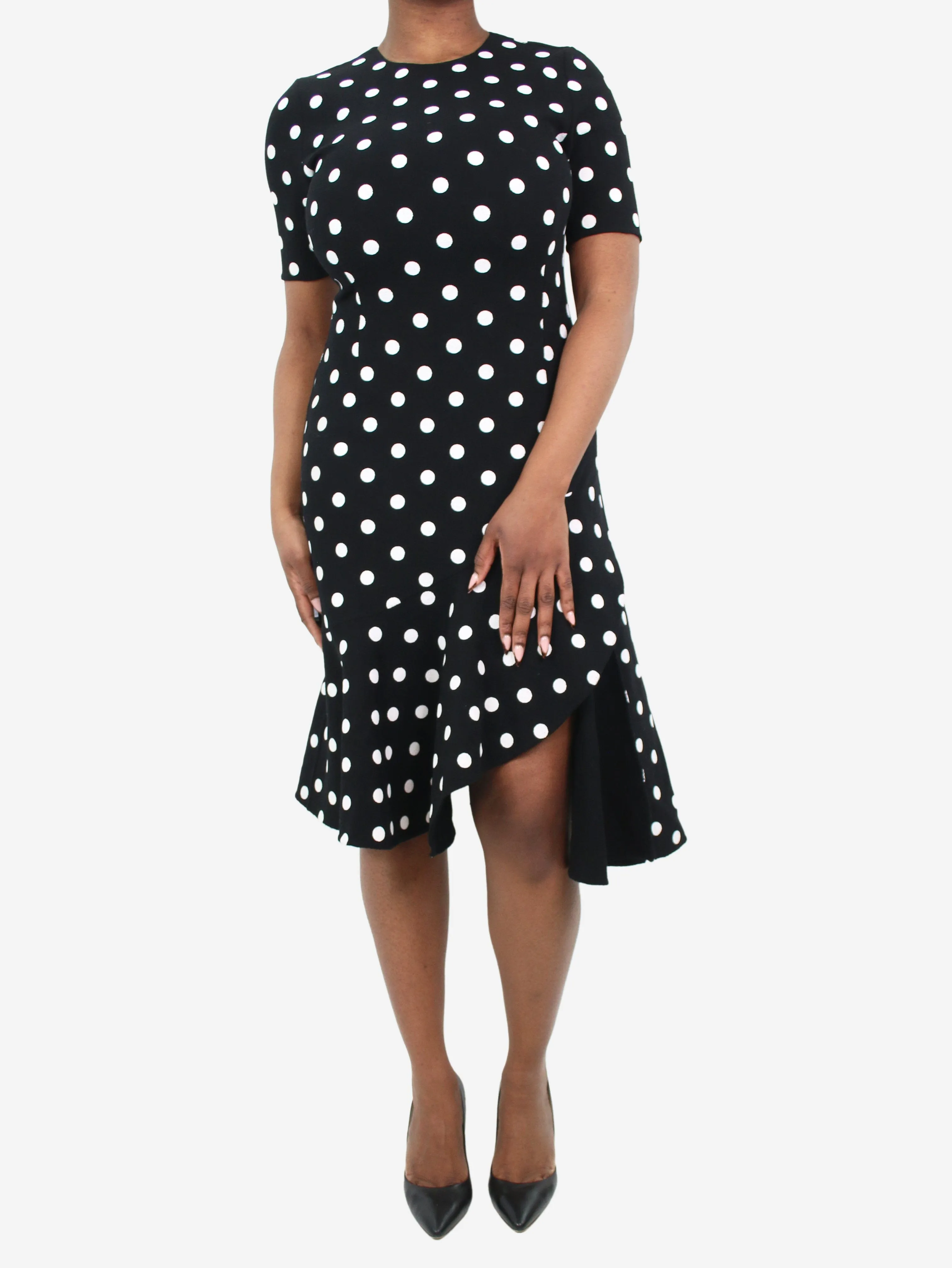 Black short-sleeved polka dot dress - size UK 12