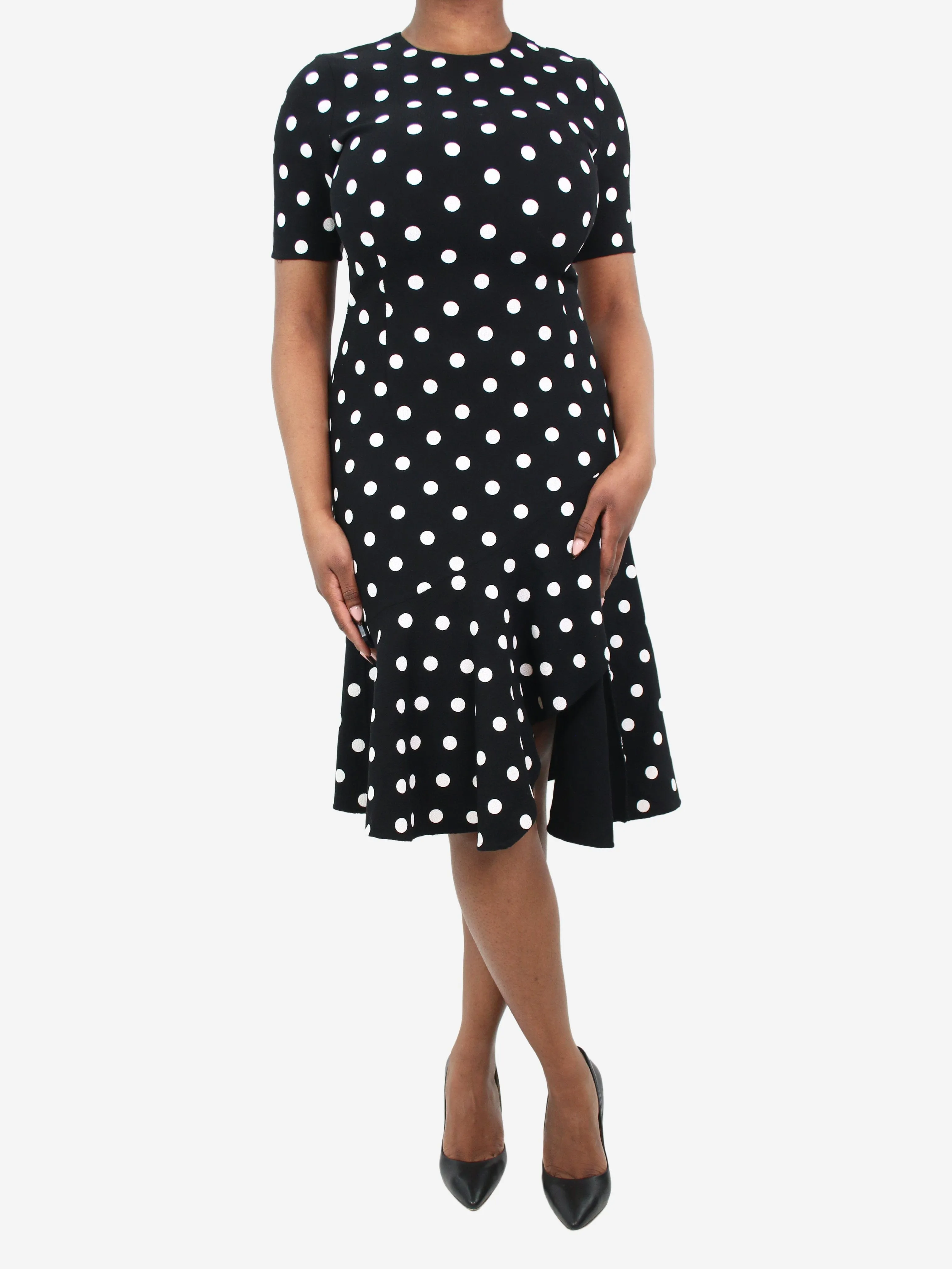 Black short-sleeved polka dot dress - size UK 12