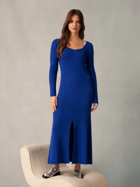 Blue Rib Knit Sweetheart Neckline Midi Dress