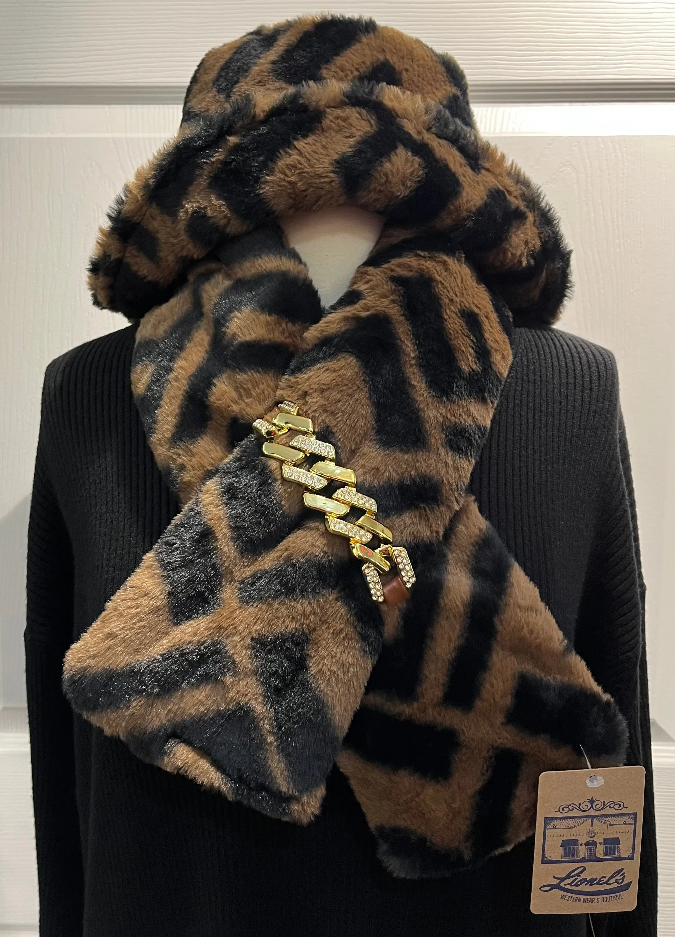 Brown/Black Fendi Look Faux Fur Scarf