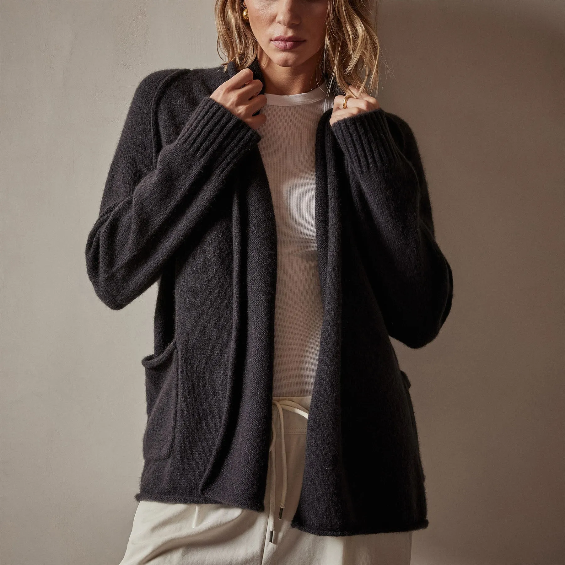 Cashmere Shawl Collar Relaxed Cardigan - Black