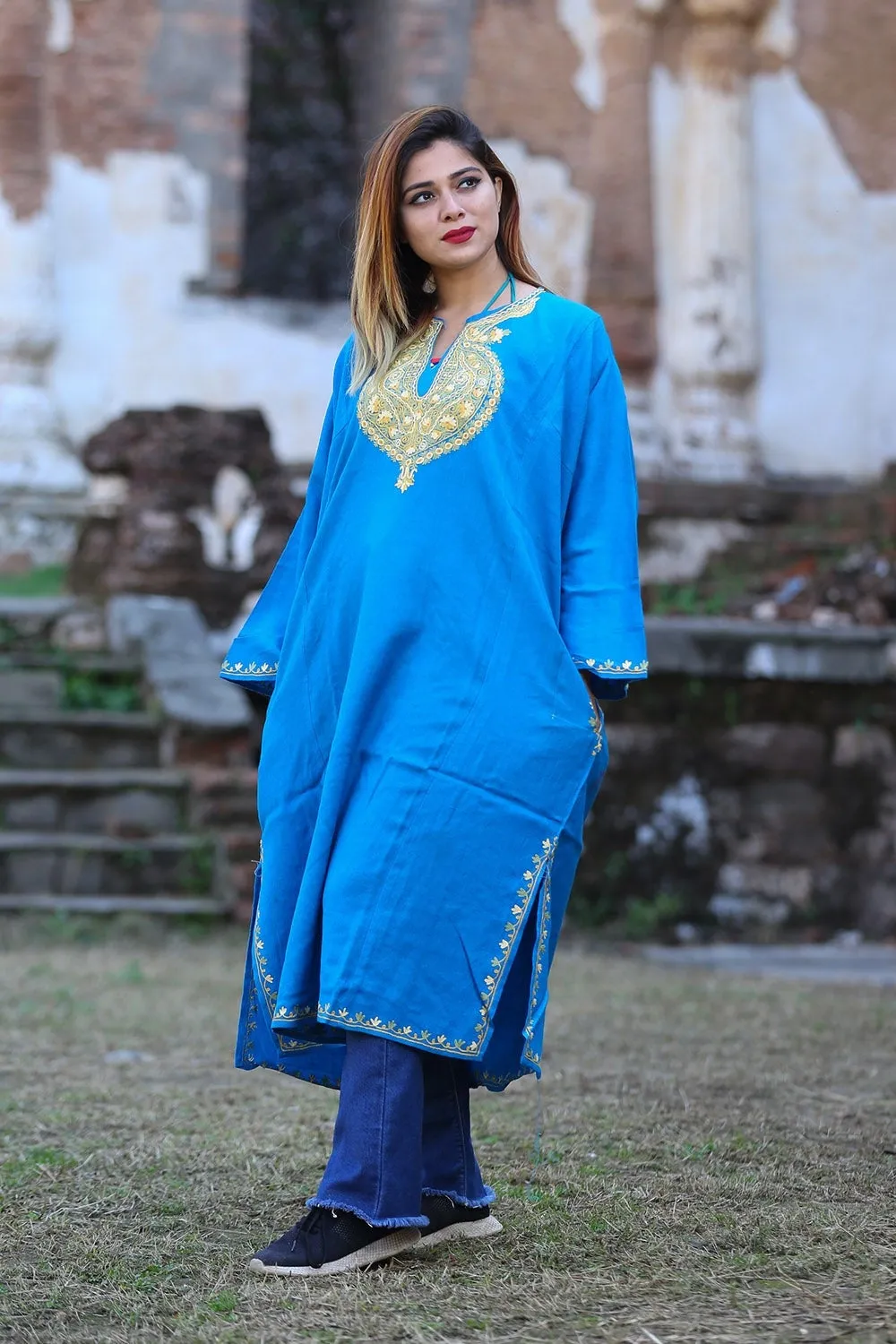 Charismatic Firozi Blue Color Phiran Embellished Multicolour Hand Aari Embroidery done .