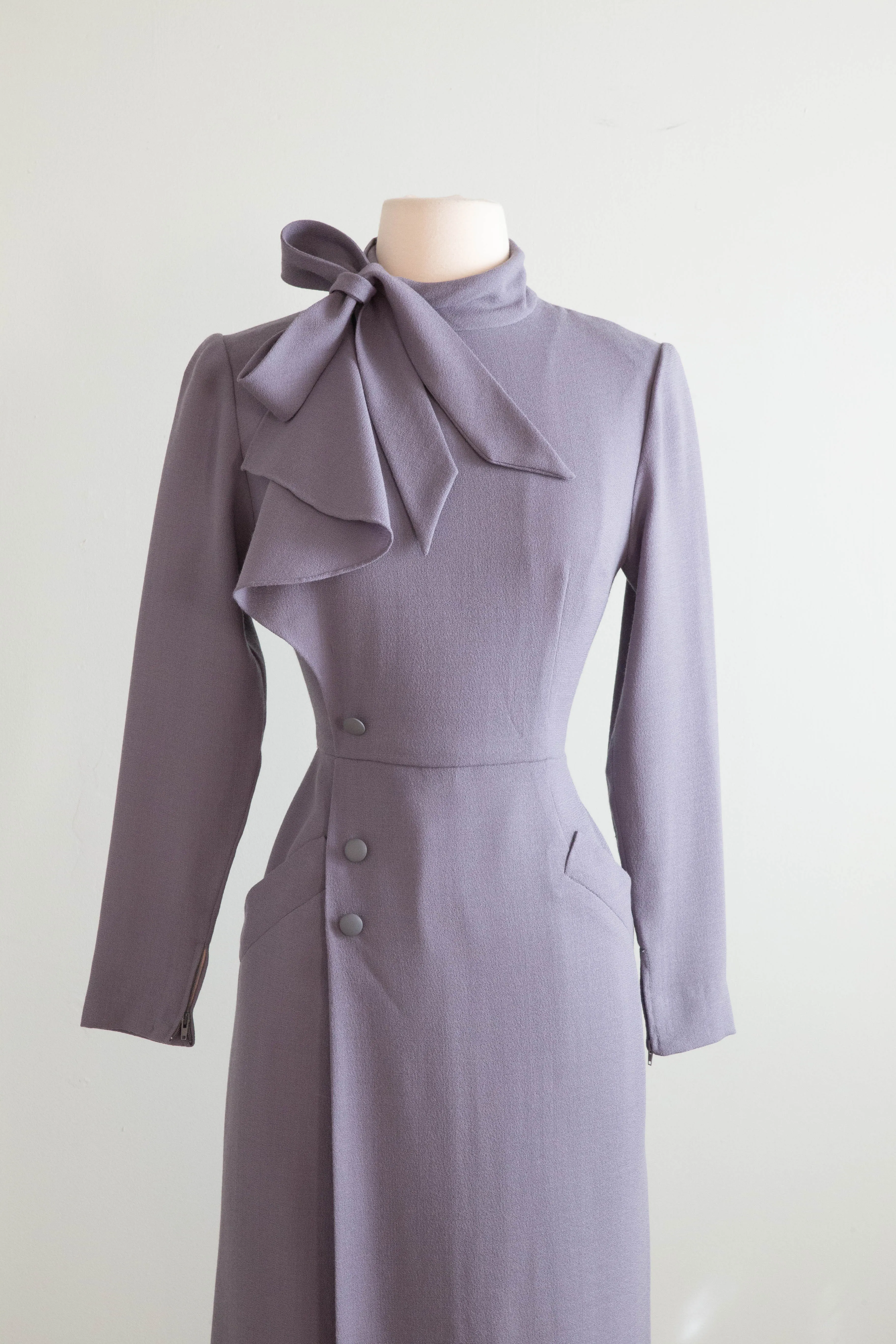 Chic 1970's Nina Ricci Dove Grey Wool Crepe 1940's Style Dress / Small