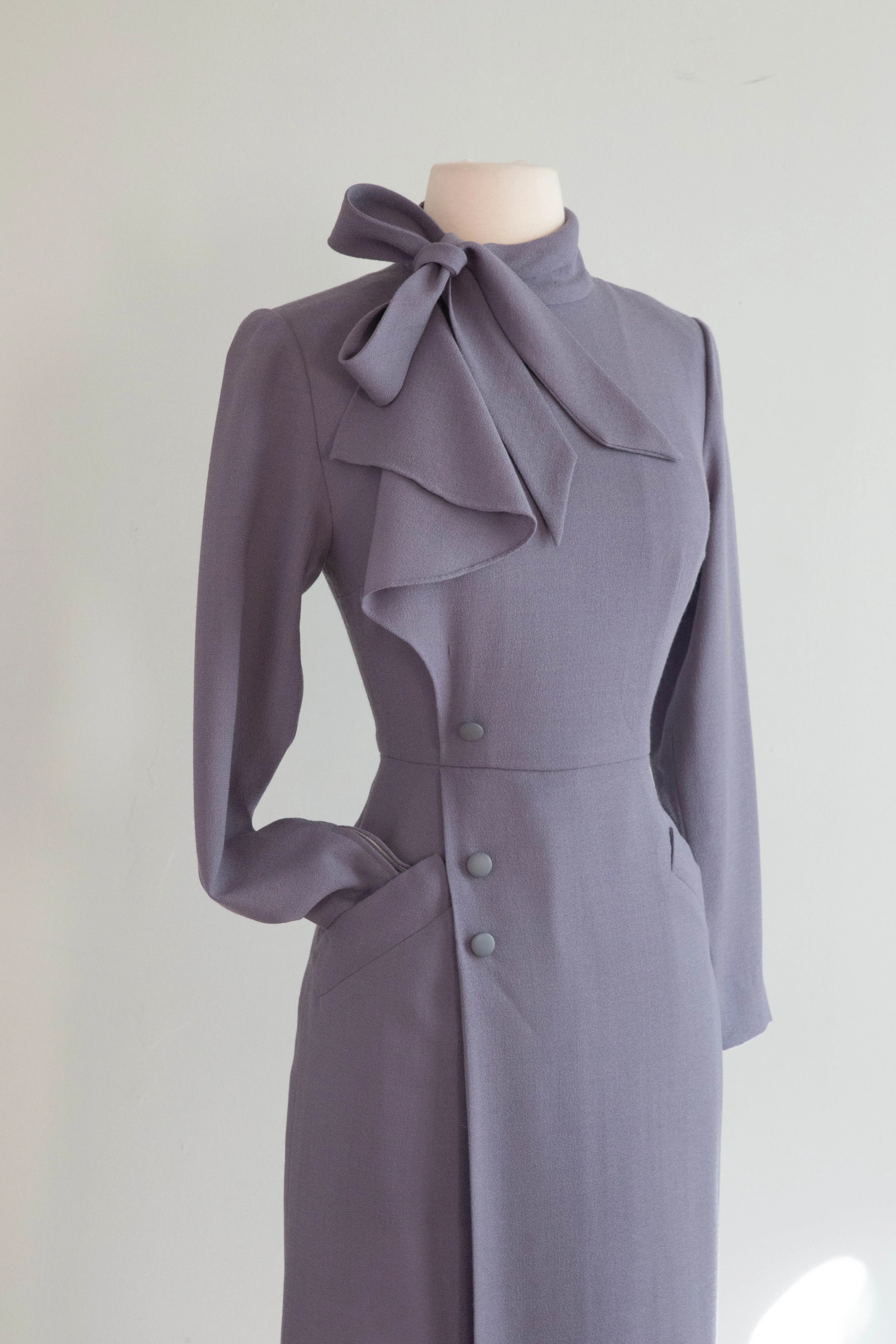 Chic 1970's Nina Ricci Dove Grey Wool Crepe 1940's Style Dress / Small