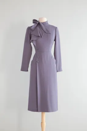 Chic 1970's Nina Ricci Dove Grey Wool Crepe 1940's Style Dress / Small