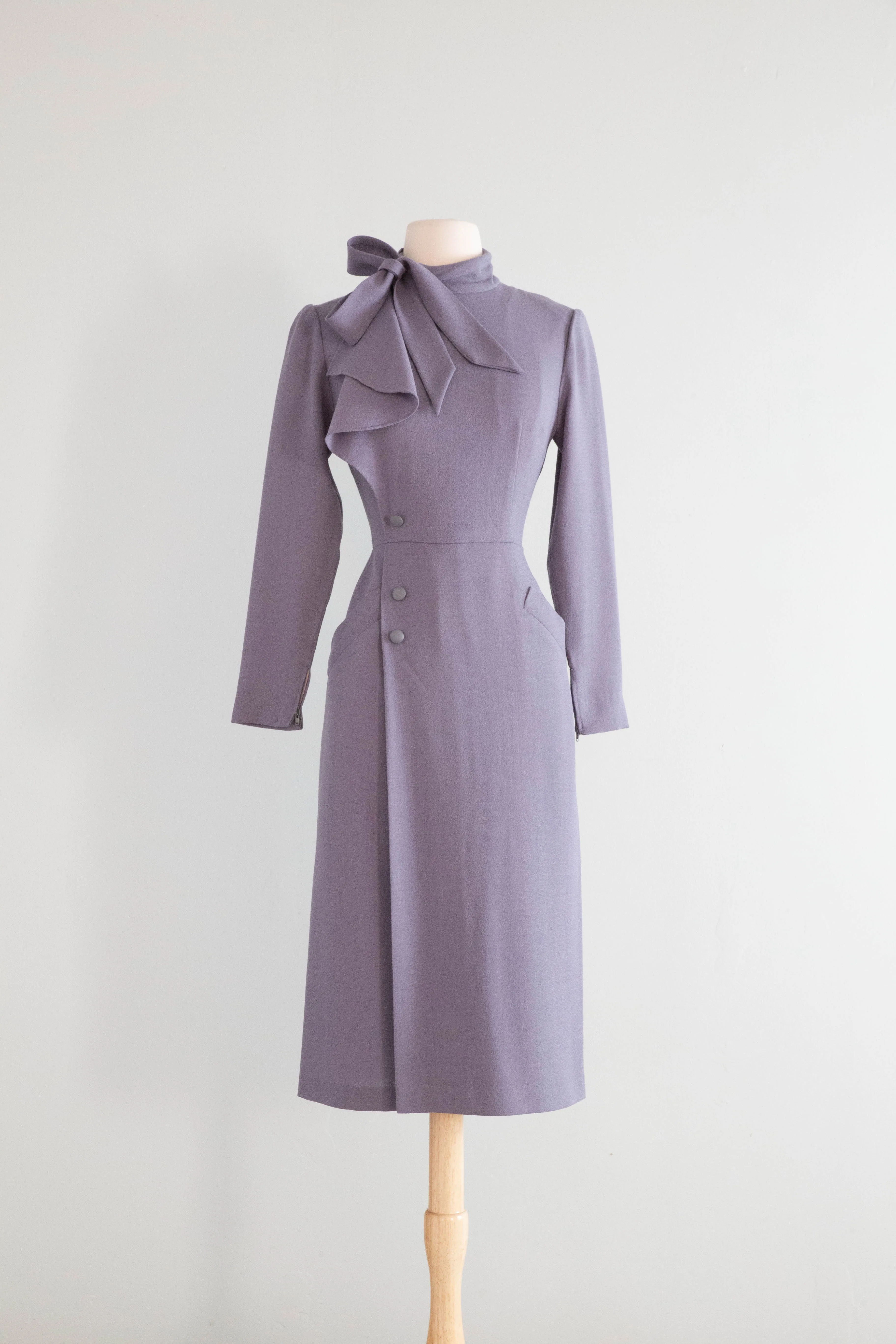 Chic 1970's Nina Ricci Dove Grey Wool Crepe 1940's Style Dress / Small