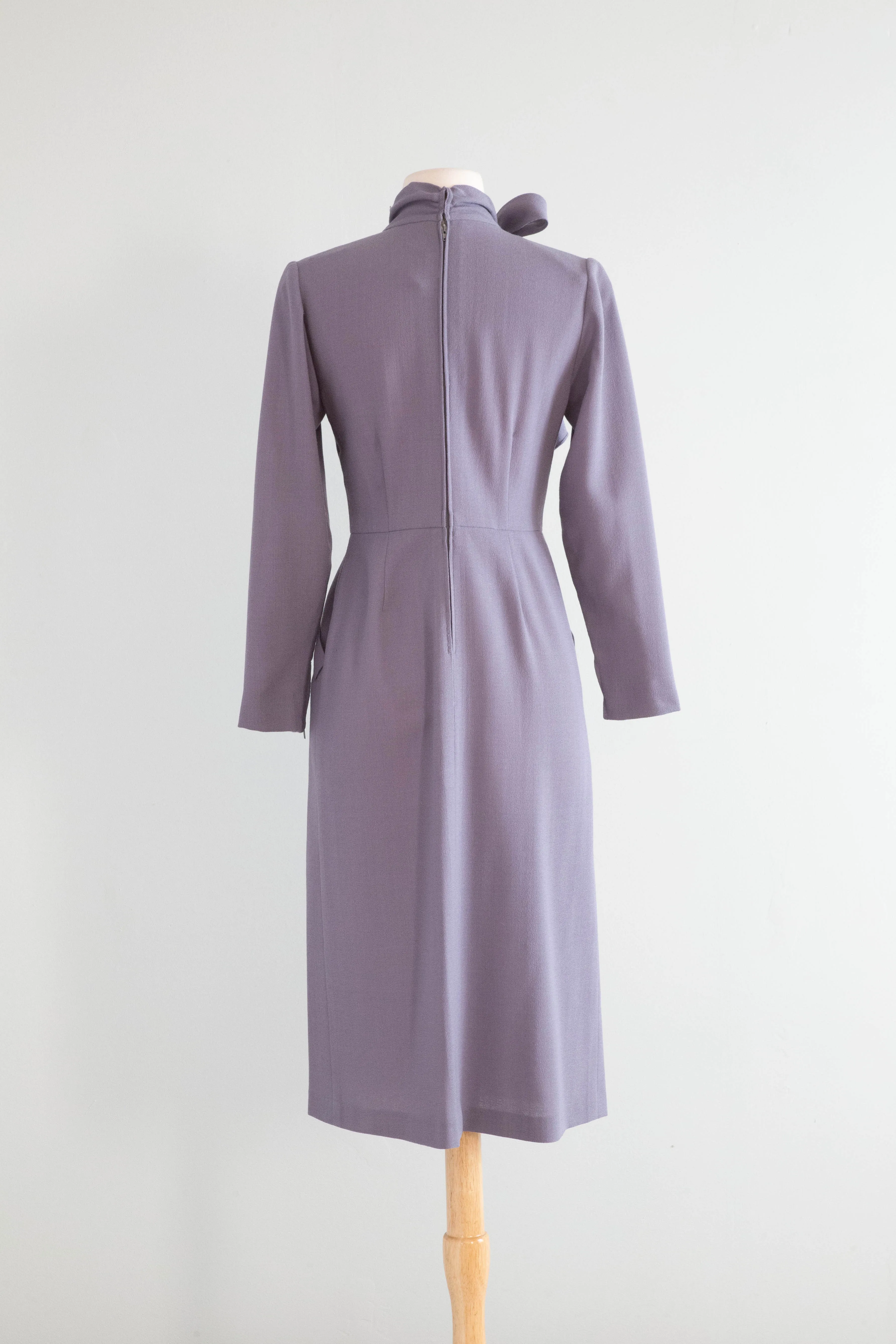 Chic 1970's Nina Ricci Dove Grey Wool Crepe 1940's Style Dress / Small