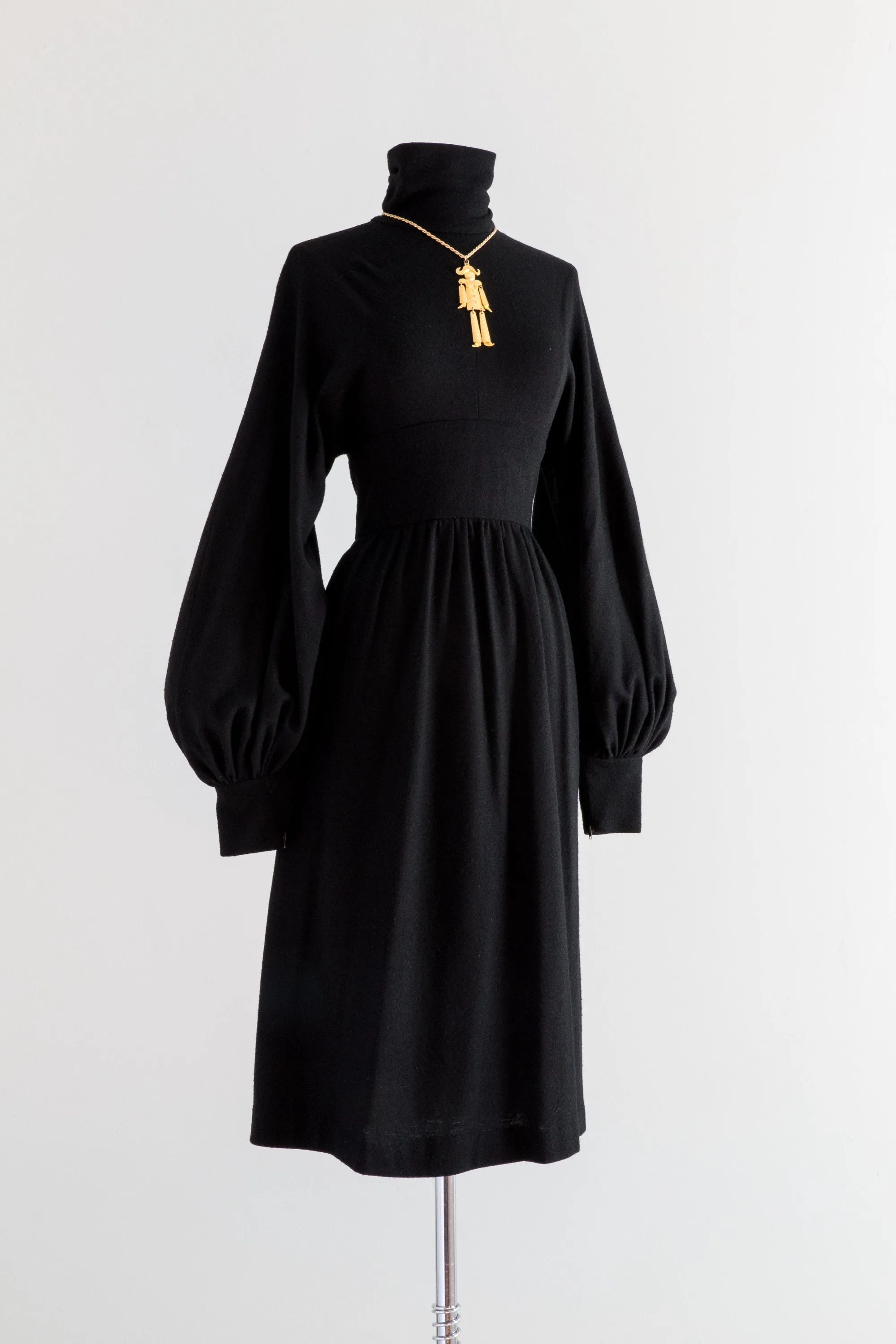 Copy of Wicked 1970's Black Wool Jersey Dress With Bishop Sleeves  / S-M