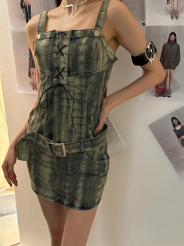 Dania Denim Washed Pattern Wide Strap Lace Up Waist Belt Slim Mini Dress