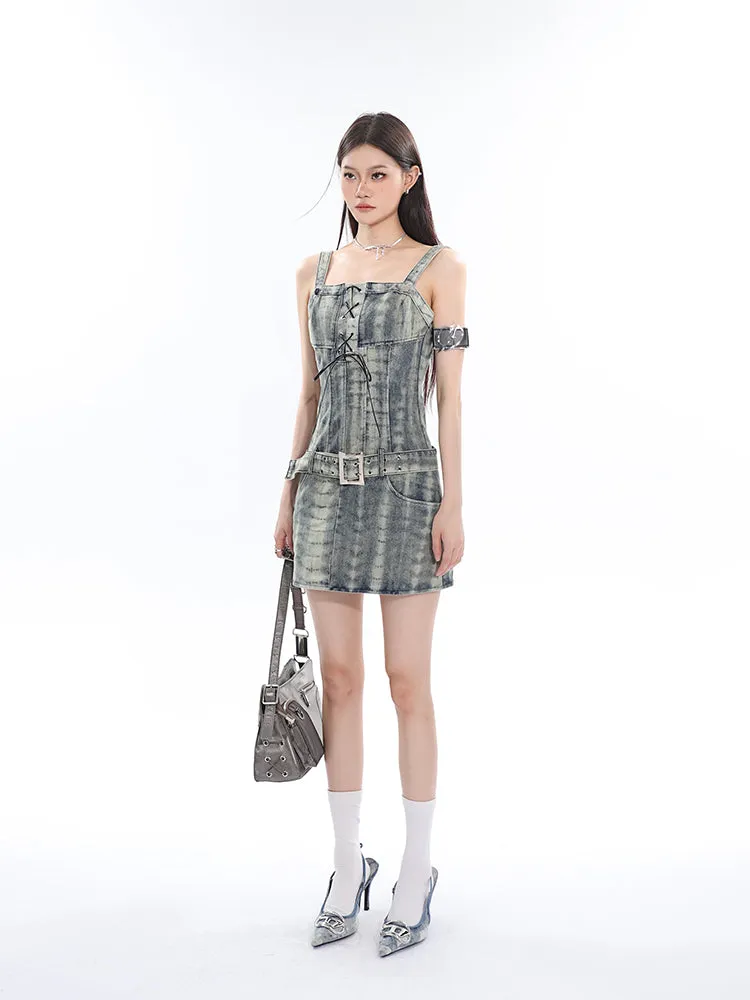 Dania Denim Washed Pattern Wide Strap Lace Up Waist Belt Slim Mini Dress