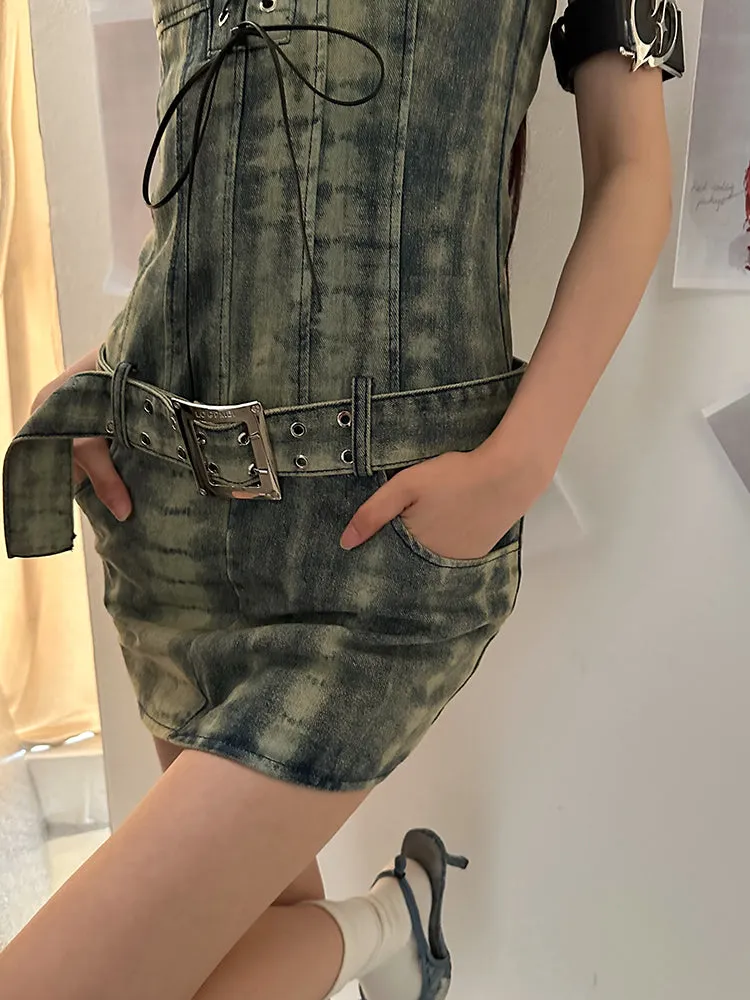 Dania Denim Washed Pattern Wide Strap Lace Up Waist Belt Slim Mini Dress