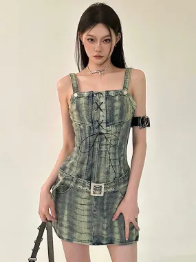 Dania Denim Washed Pattern Wide Strap Lace Up Waist Belt Slim Mini Dress